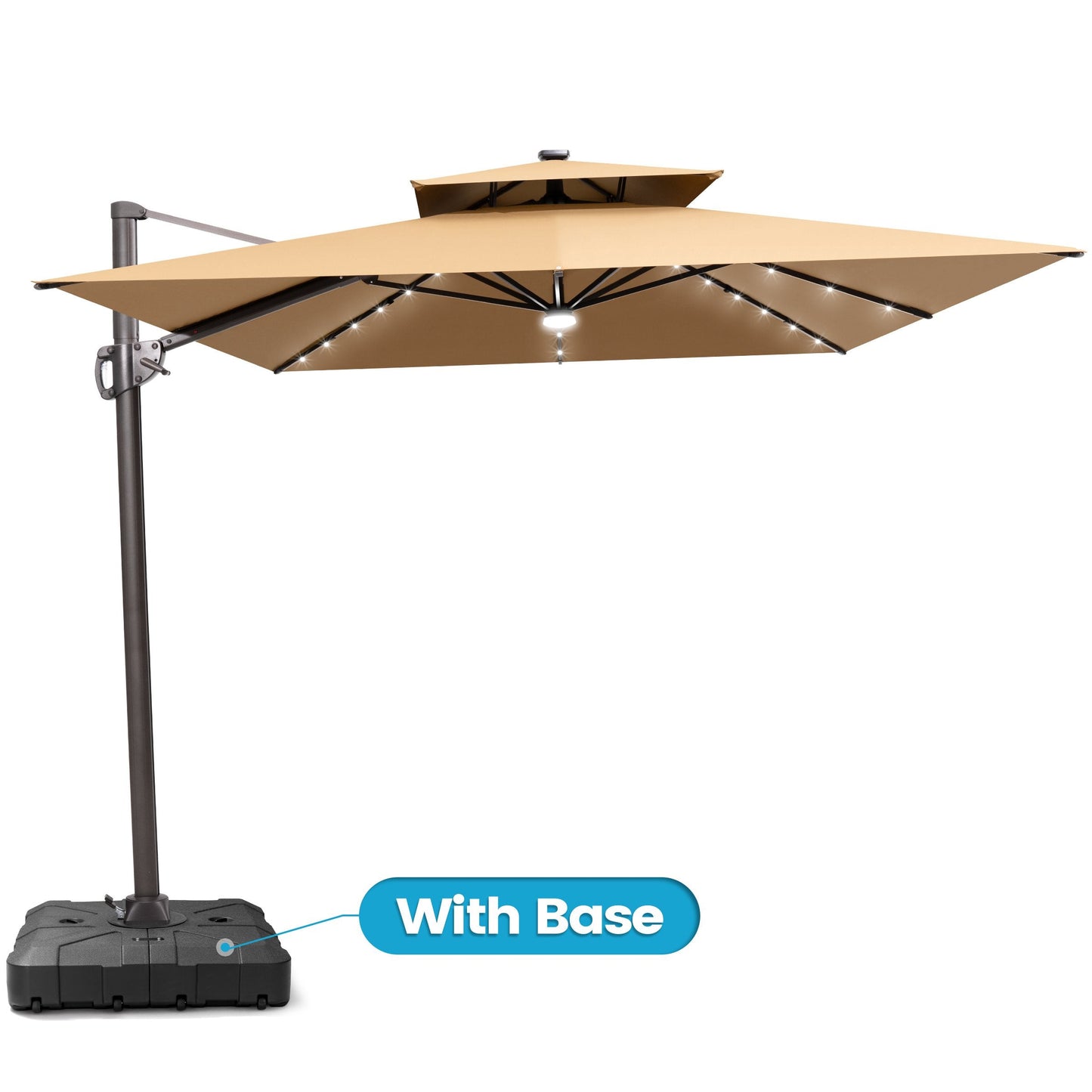 Crestlive 11x9 ft tan lighted rectangular cantilever patio umbrella with LED lights and heavy-duty base