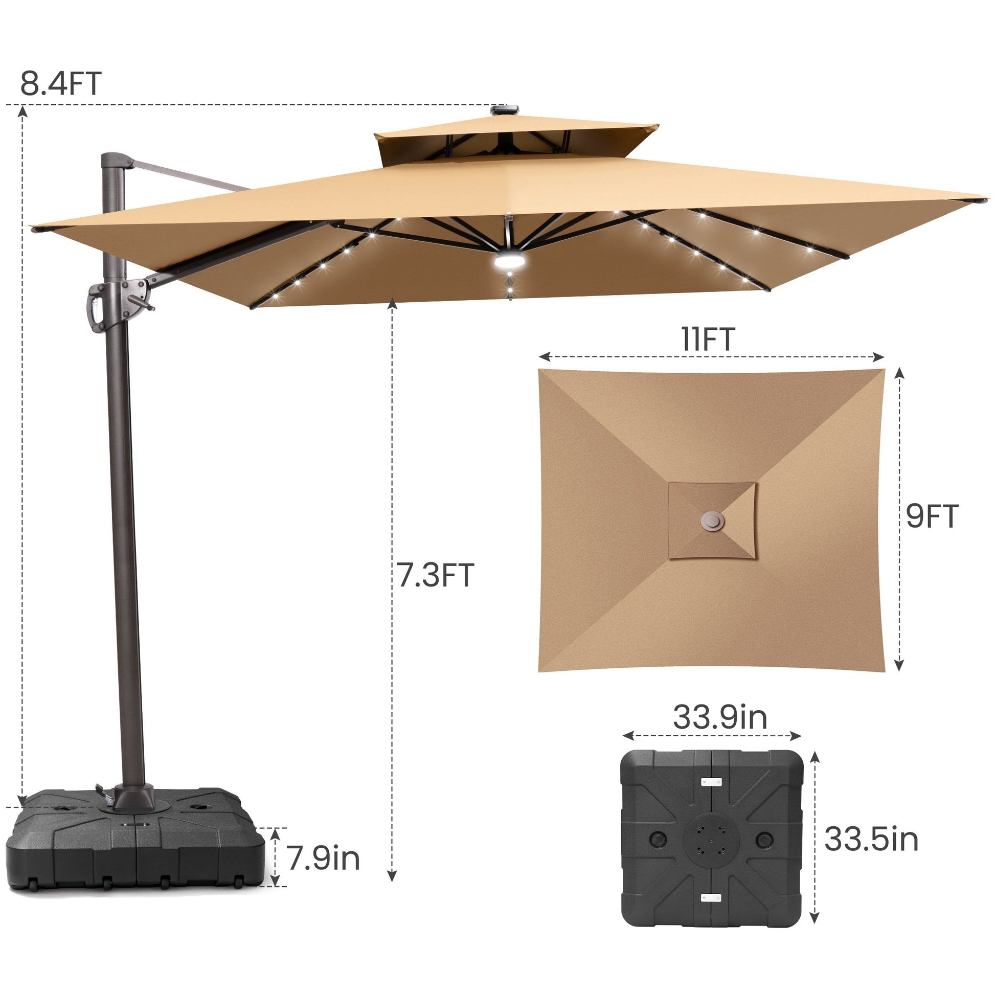 Size guide for Crestlive 11x9 ft tan lighted cantilever patio umbrella showing 8.4ft total height and base dimensions