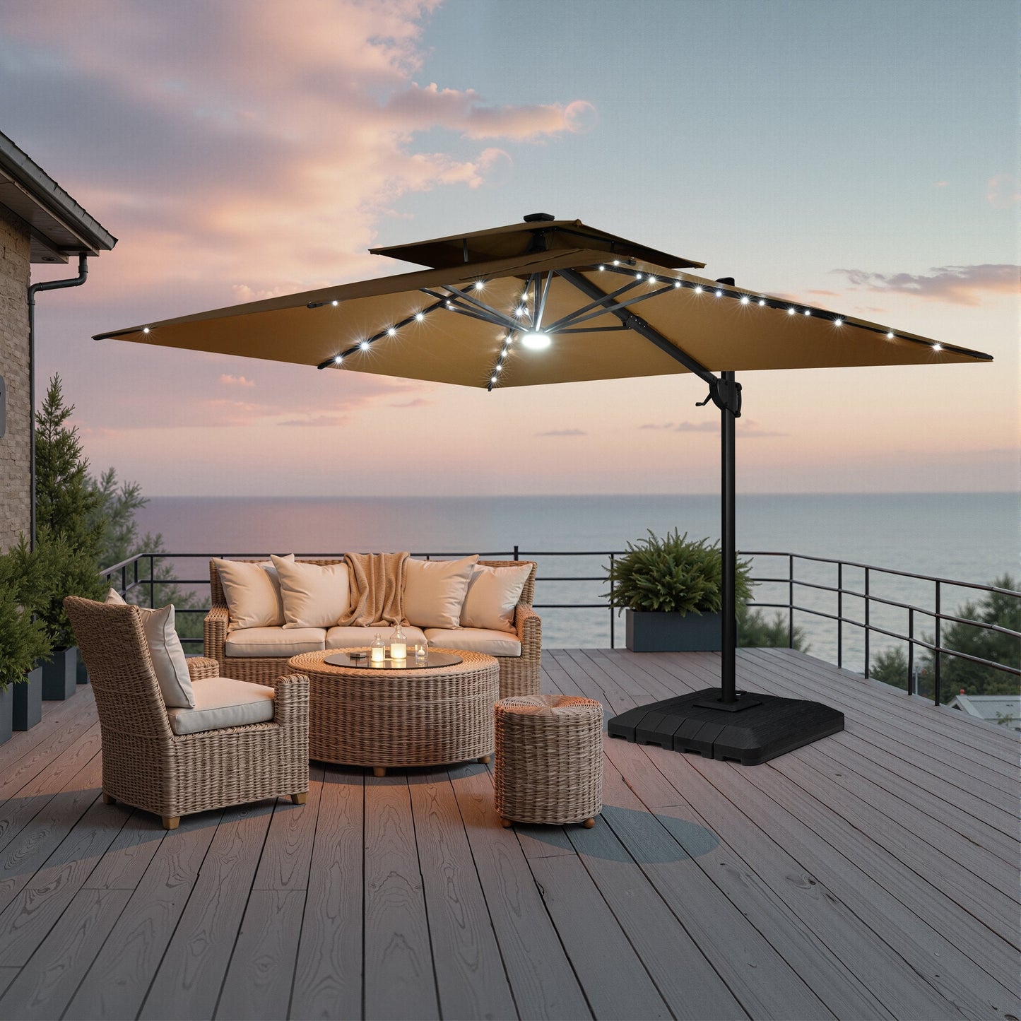 Lighted Crestlive 11x9 ft tan cantilever patio umbrella with LED lights shading a wicker patio furniture set at sunset