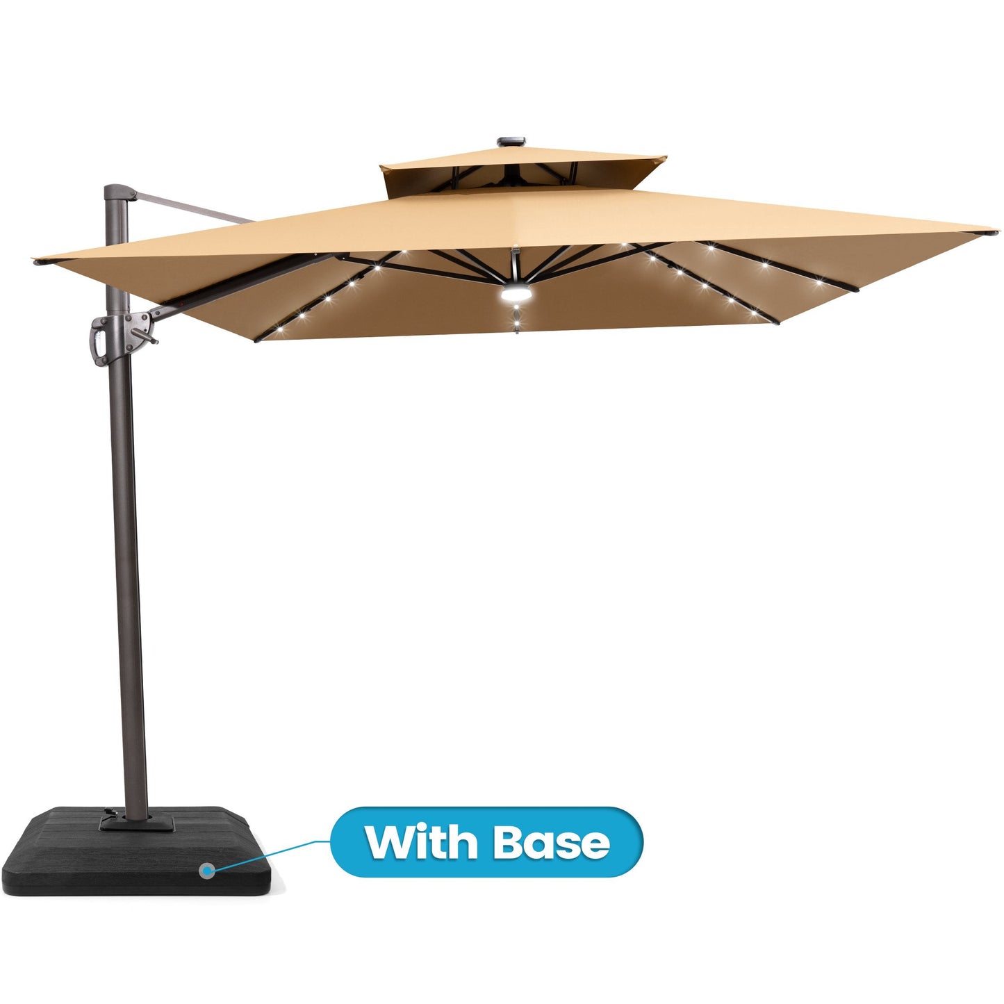 Dimensions for Crestlive 11x9 ft tan lighted cantilever umbrella showing 7.3ft canopy clearance and heavy-duty base