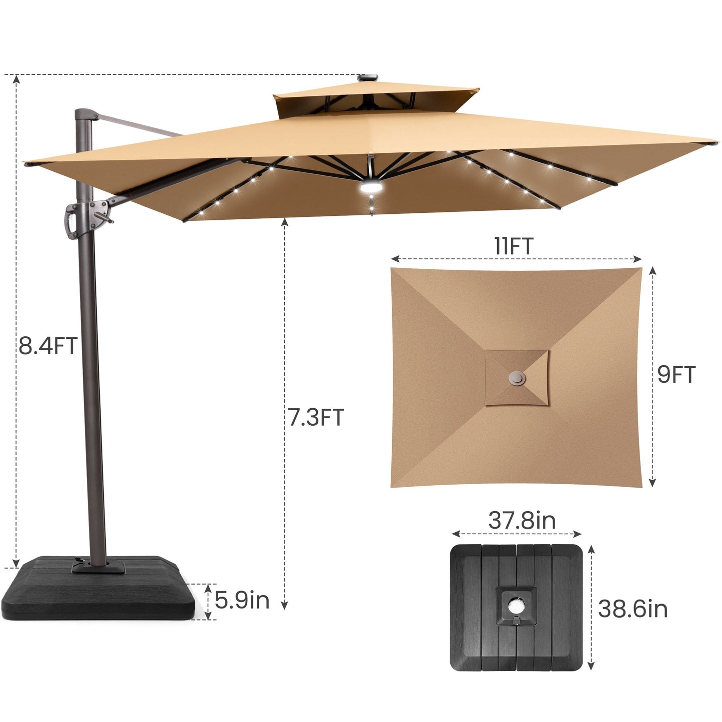 Size guide for Crestlive 11x9 ft tan lighted cantilever patio umbrella showing 8.4ft total height and low-profile base