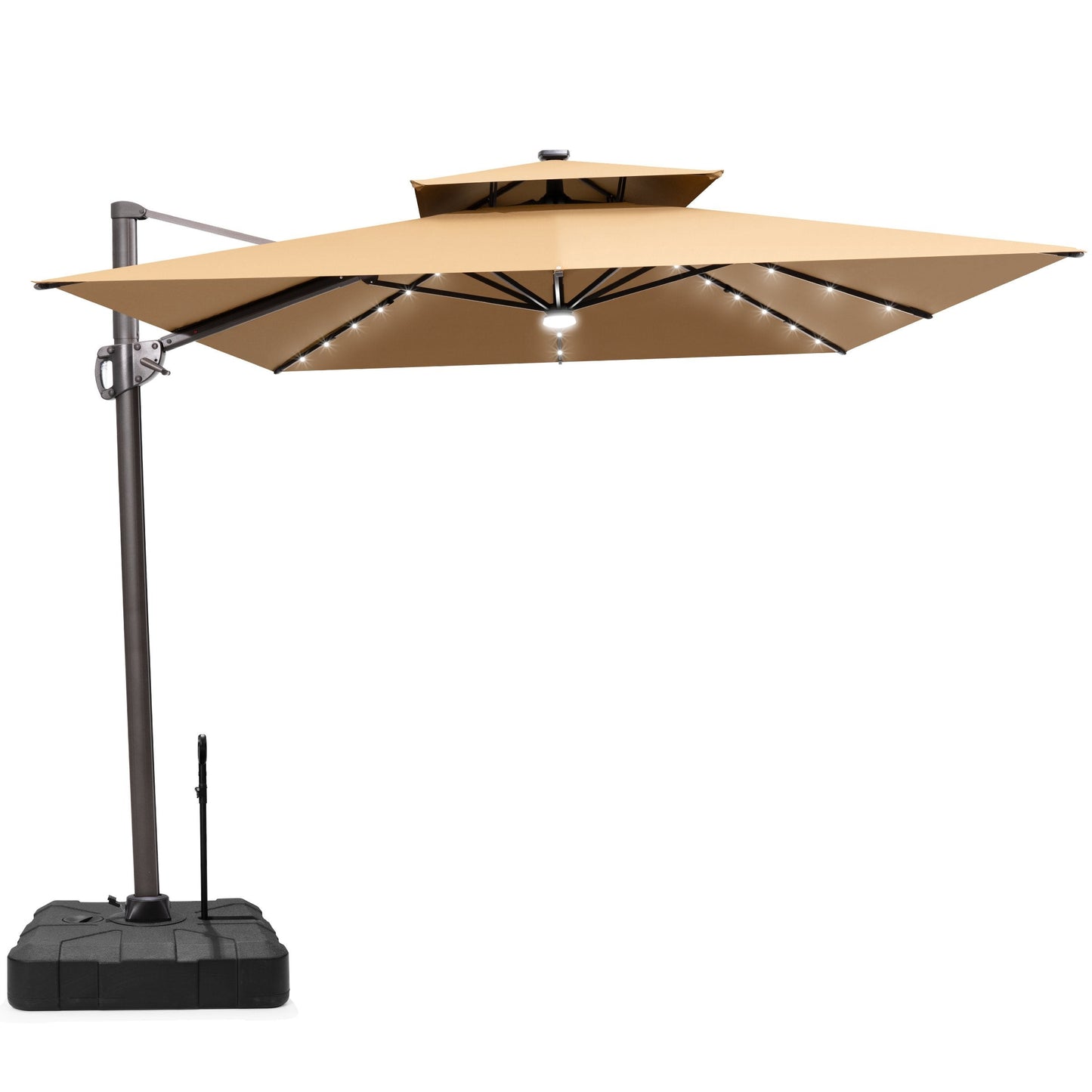 Crestlive 11x9 ft tan lighted rectangular cantilever patio umbrella with solar LED lights and wheeled base