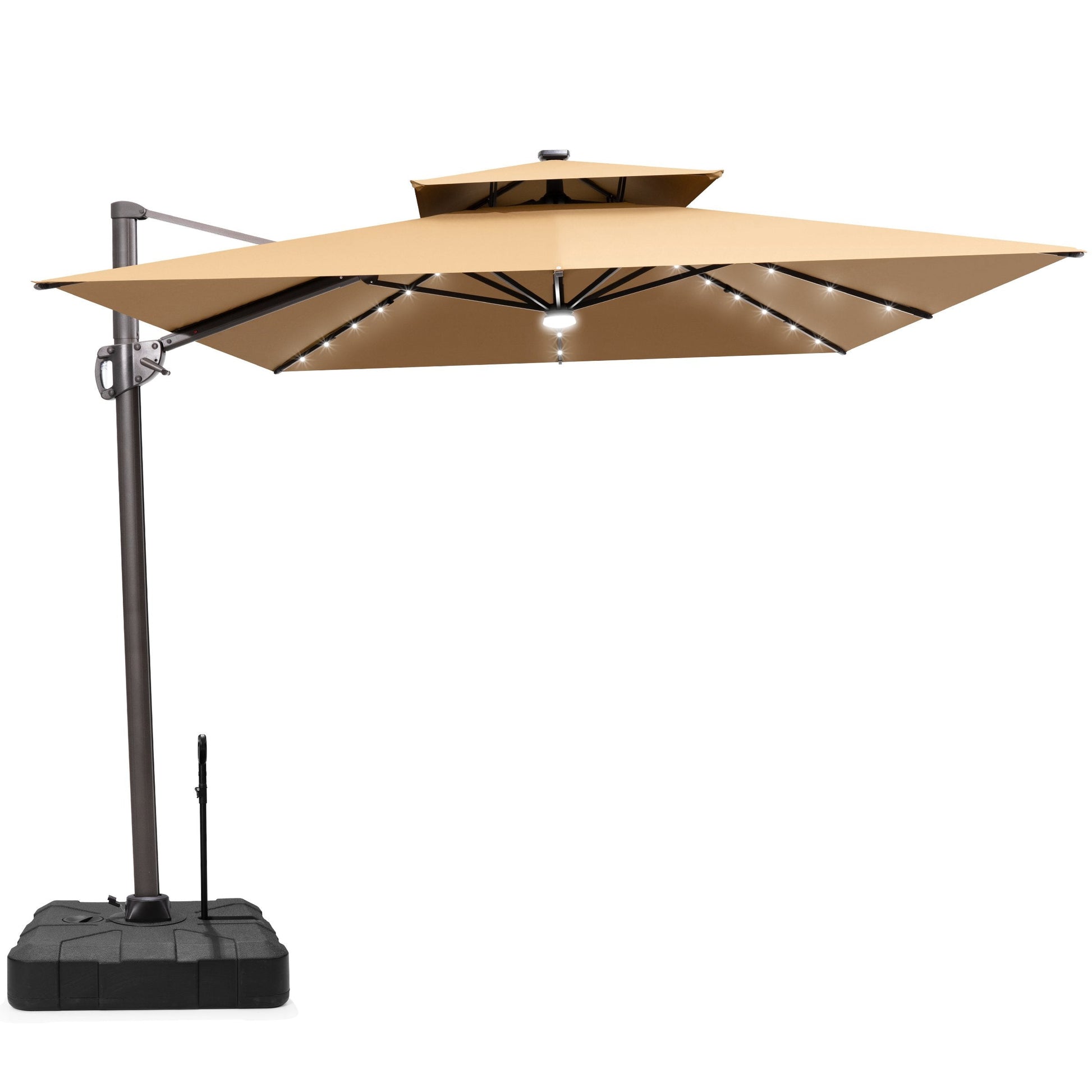 Crestlive 11x9 ft tan lighted rectangular cantilever patio umbrella with solar LED lights and wheeled base