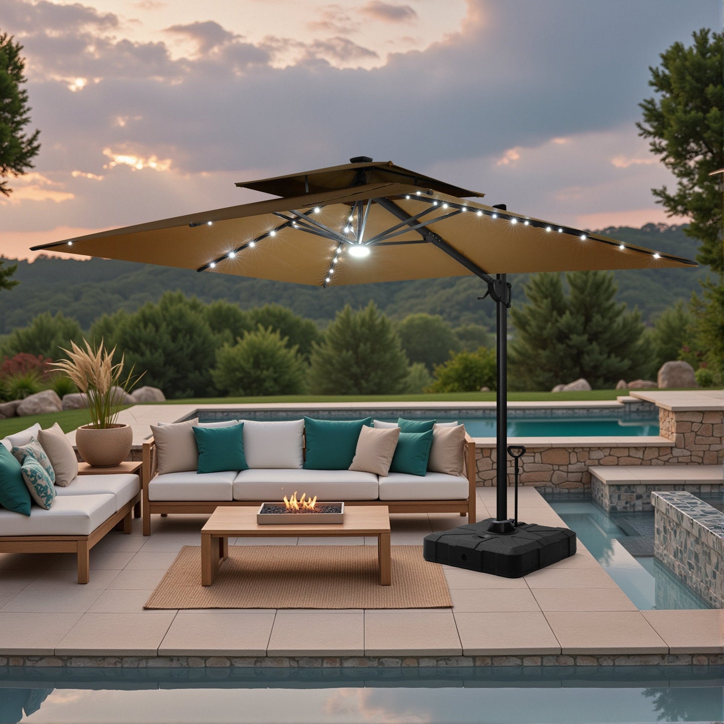Lighted Crestlive 11x9 ft tan cantilever patio umbrella with wheeled base shading a conversation set with fire pit