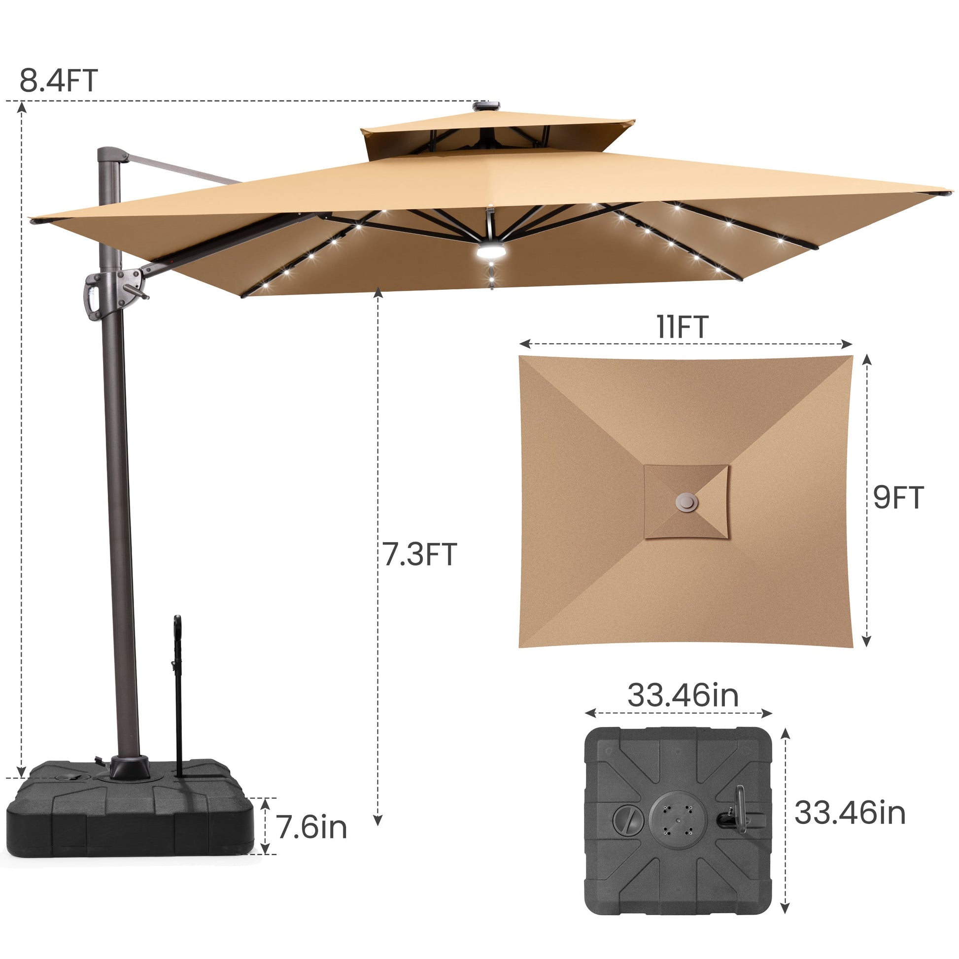 Size guide for Crestlive 11x9 ft tan lighted cantilever patio umbrella with wheeled base showing 8.4ft total height