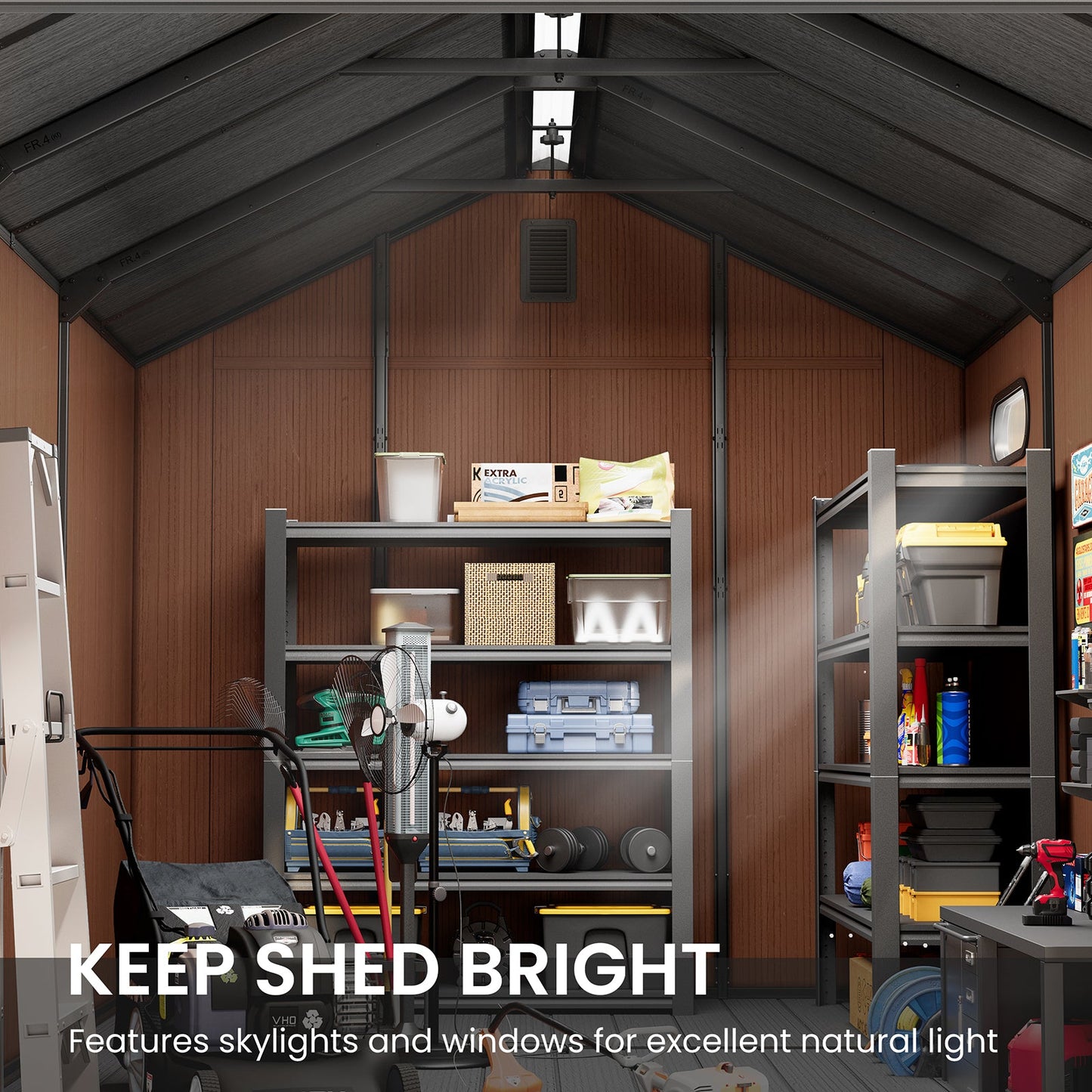 Outdoor Resin Storage Shed with Floor, Skylight & Lockable Door