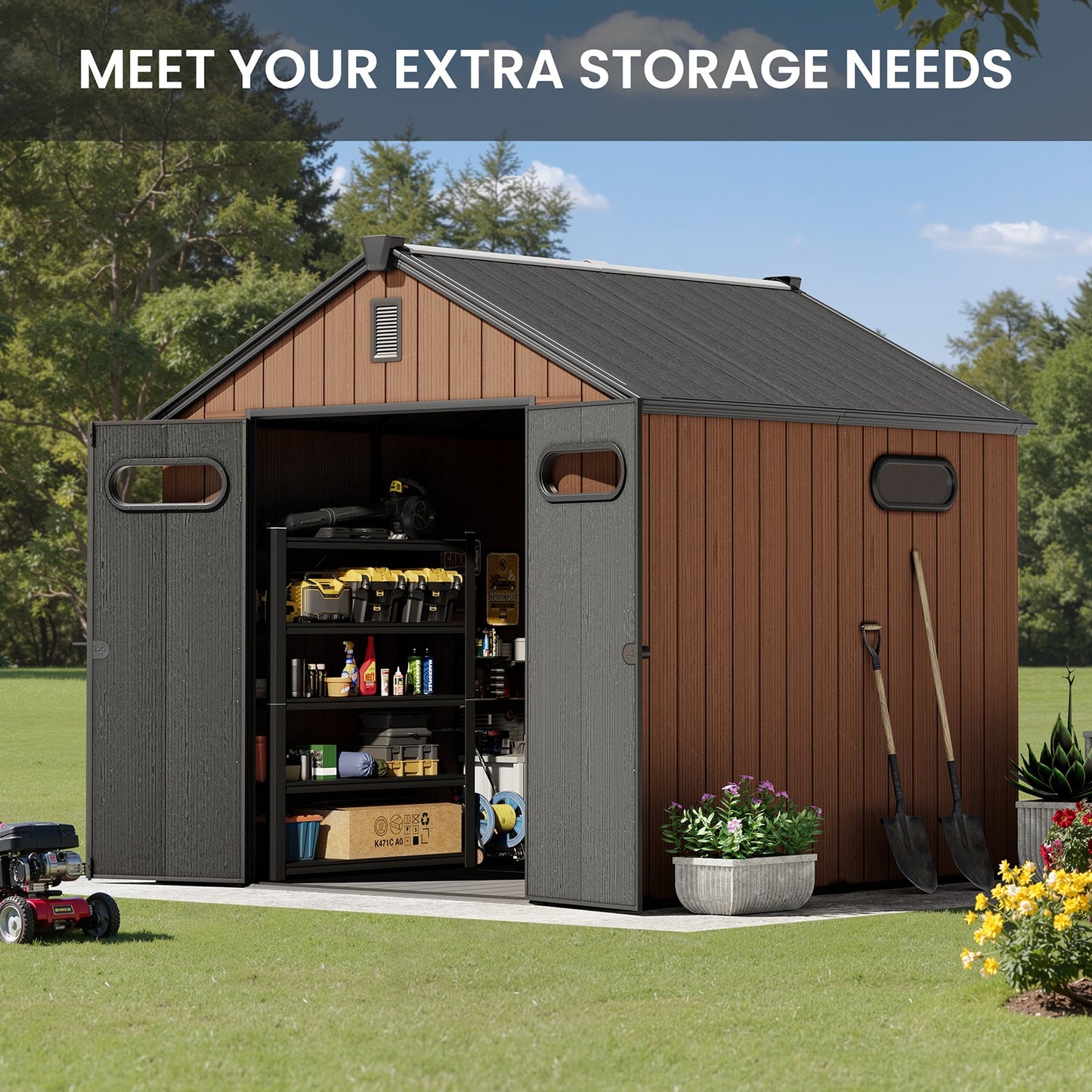 Outdoor Resin Storage Shed with Floor, Skylight & Lockable Door