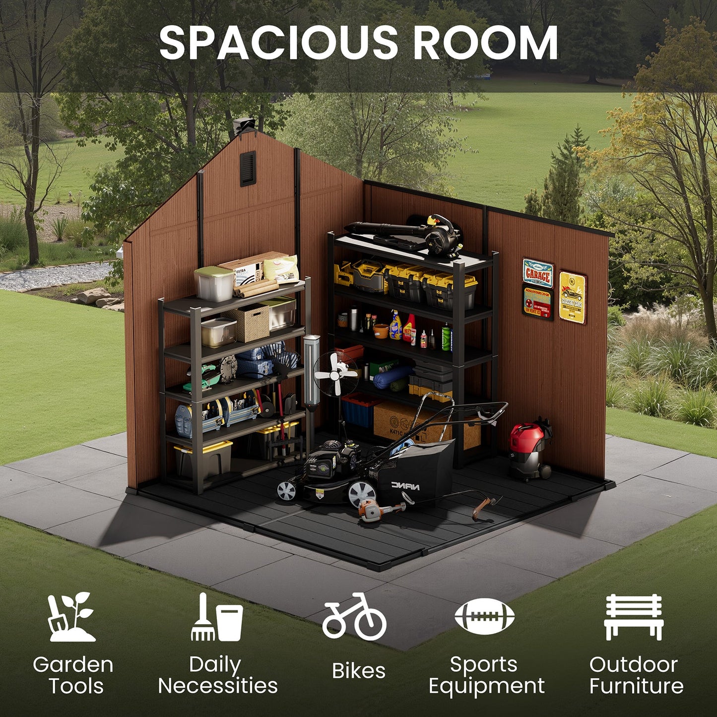 Outdoor Resin Storage Shed with Floor, Skylight & Lockable Door
