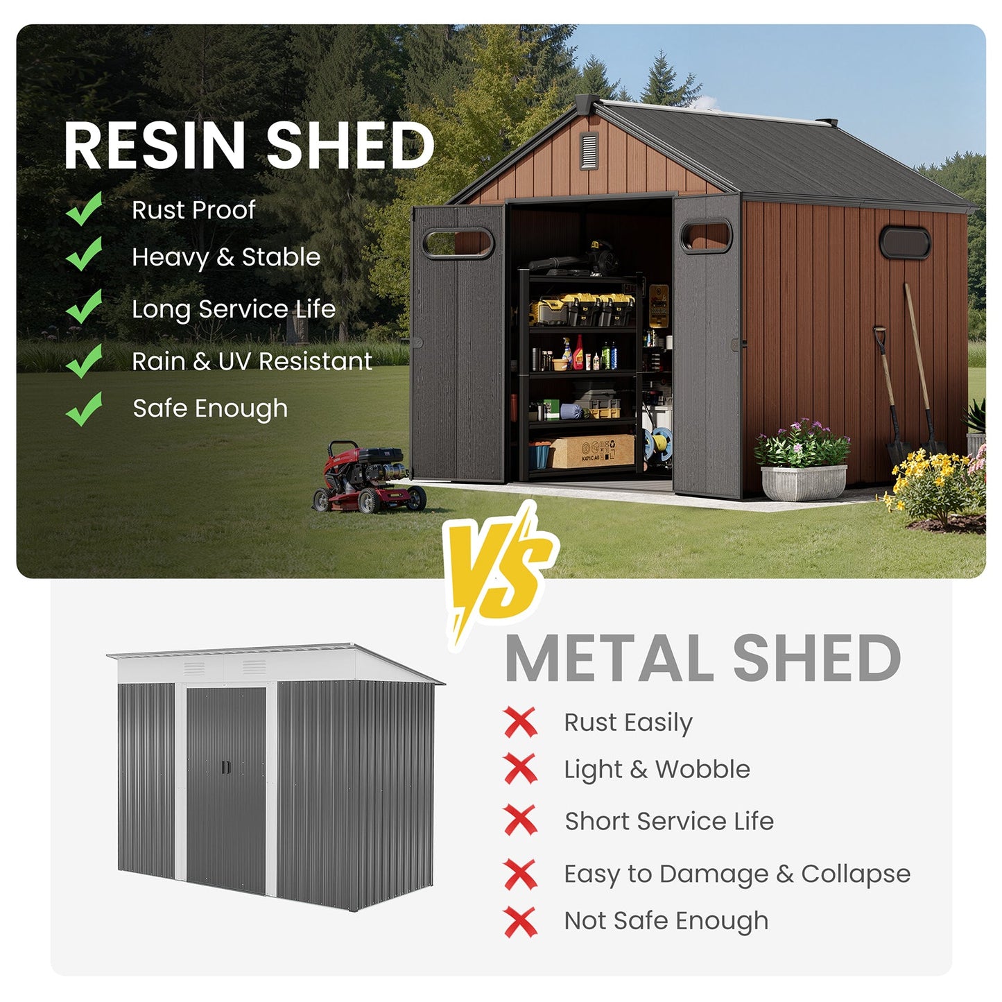 Outdoor Resin Storage Shed with Floor, Skylight & Lockable Door