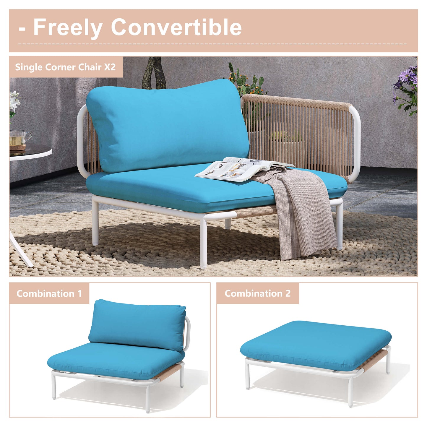 Modular Patio Sofa Chair with Rope Weave & Convertible Armrests