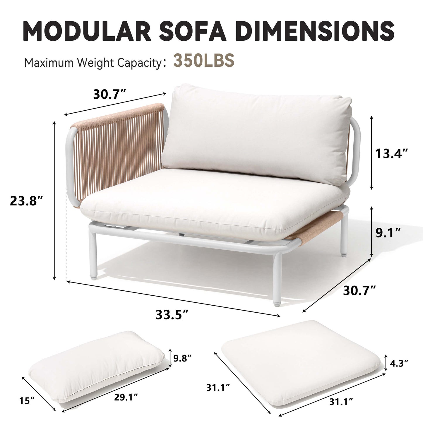 Modular Patio Sofa Chair with Rope Weave & Convertible Armrests