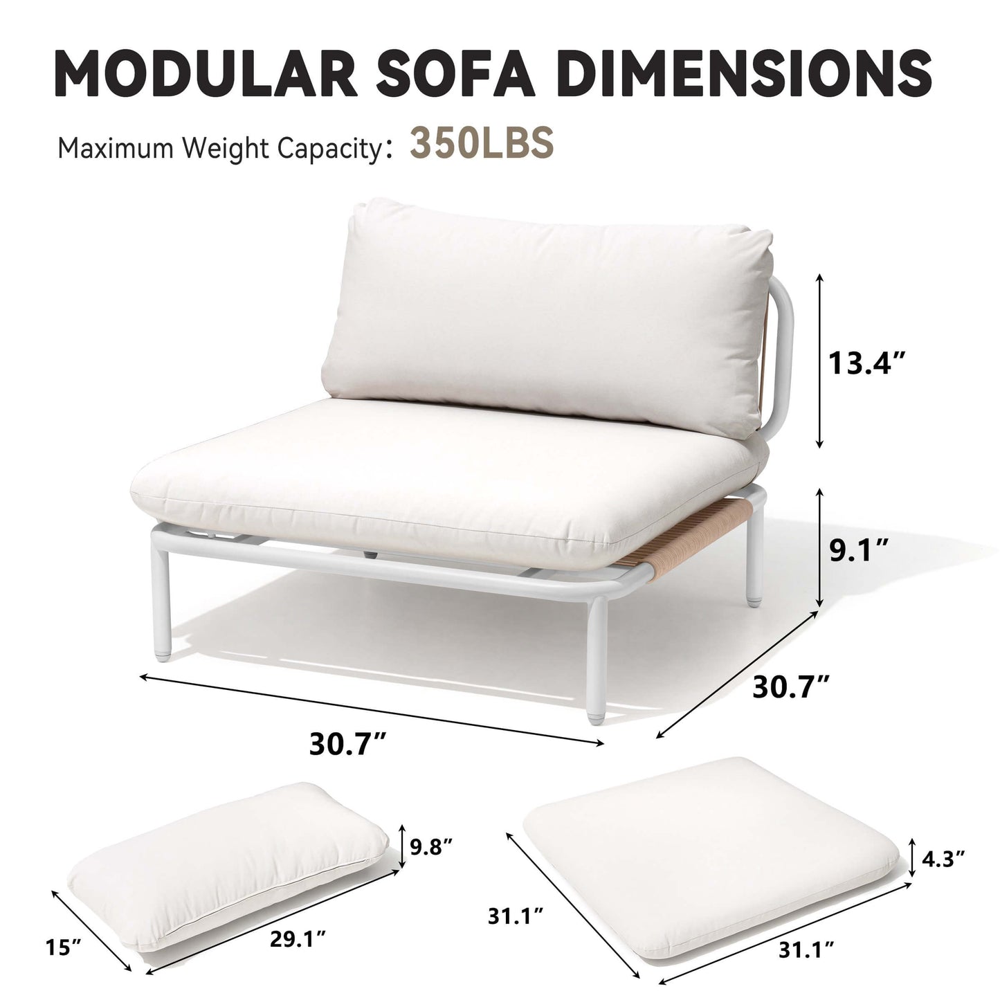 Modular Patio Sofa Chair with Rope Weave & Convertible Armrests