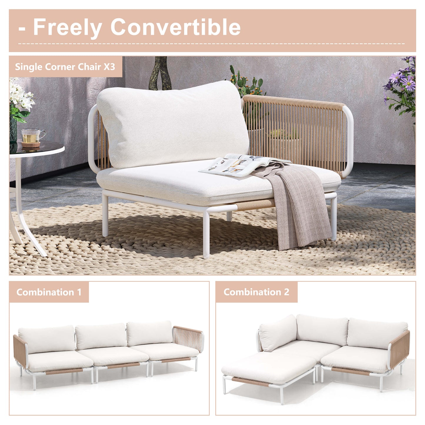 Modular Patio Sofa Chair with Rope Weave & Convertible Armrests