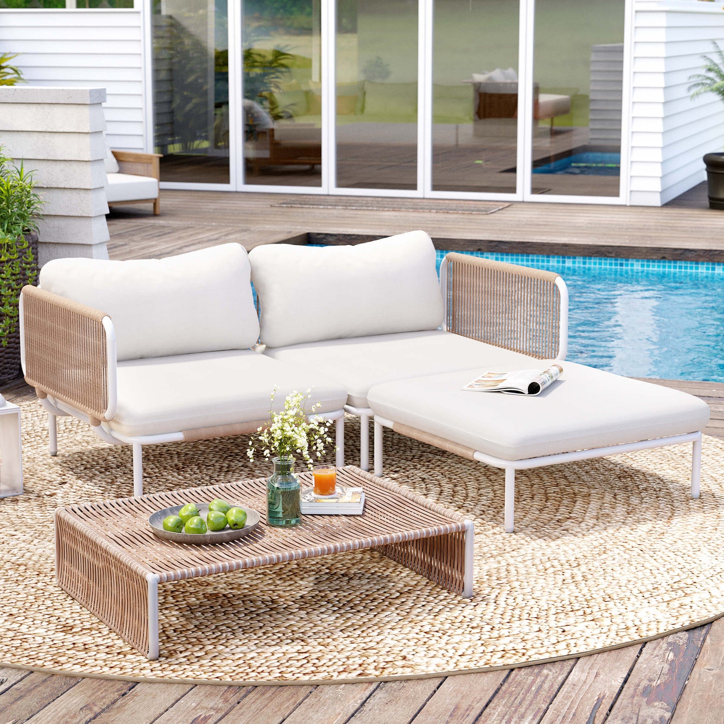Modular Patio Sofa Chair with Rope Weave & Convertible Armrests