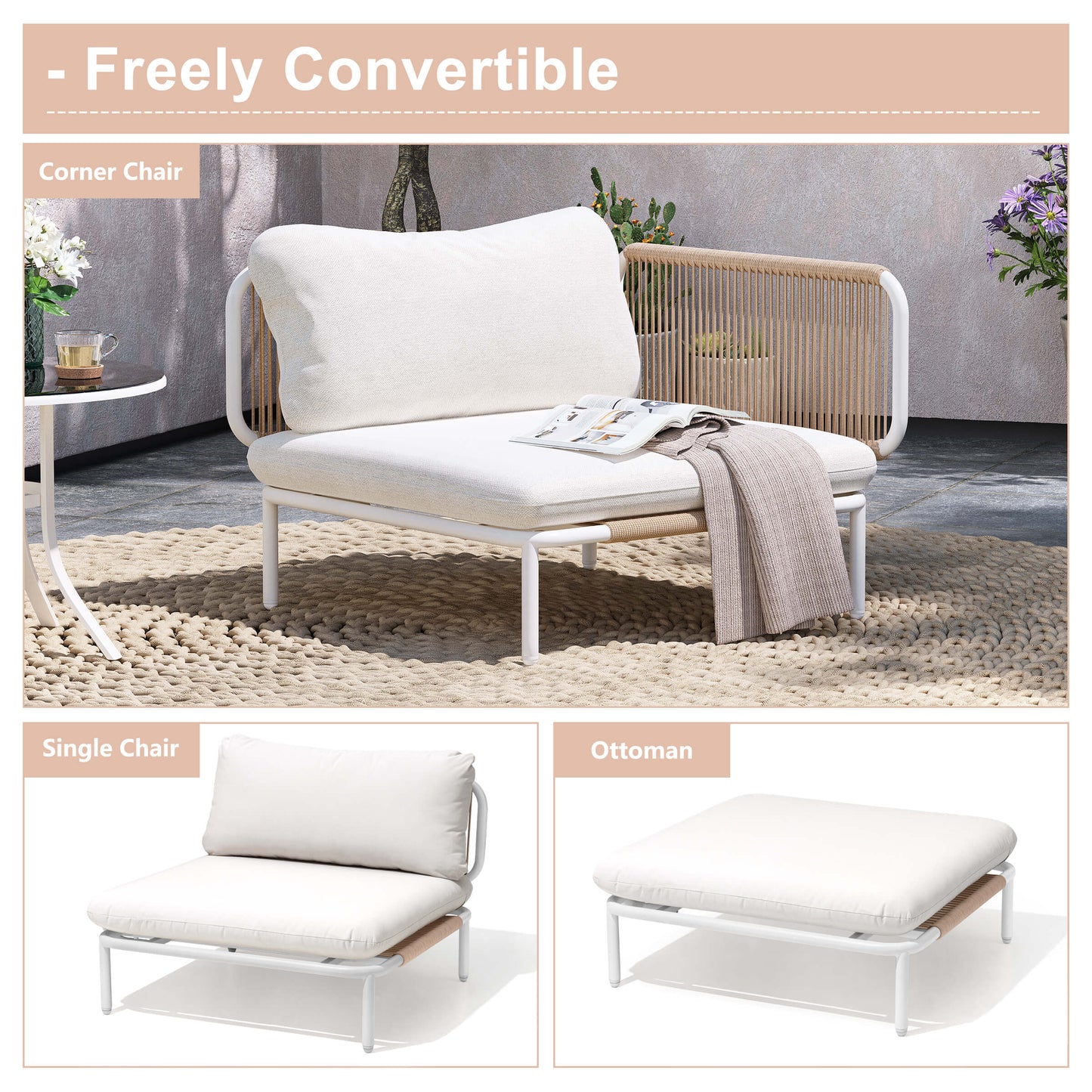 Modular Patio Sofa Chair with Rope Weave & Convertible Armrests
