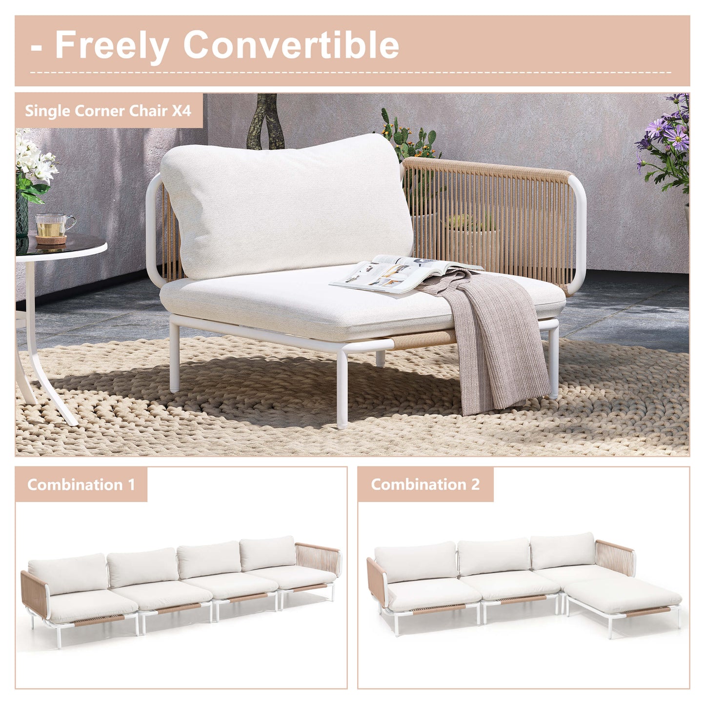 Modular Patio Sofa Chair with Rope Weave & Convertible Armrests