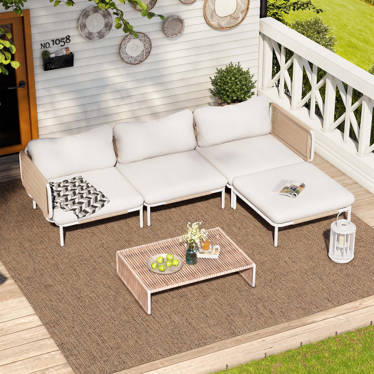 Modular Patio Sofa Chair with Rope Weave & Convertible Armrests