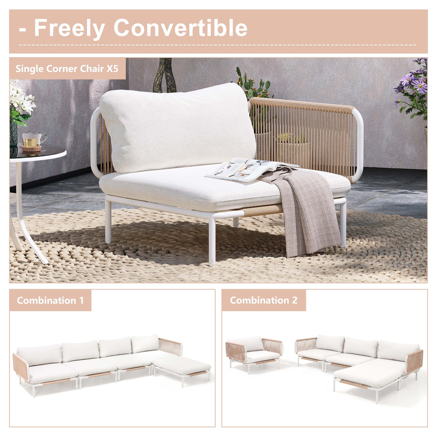 Modular Patio Sofa Chair with Rope Weave & Convertible Armrests