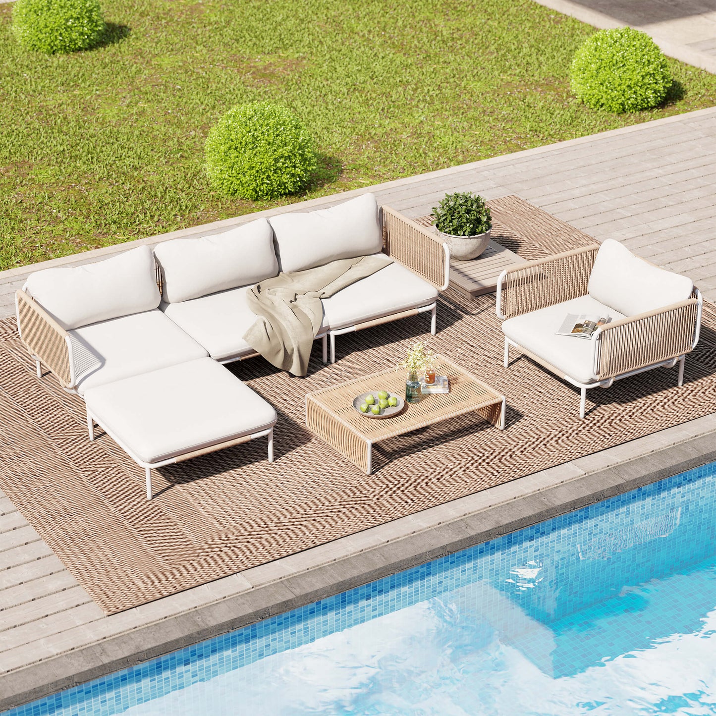 Modular Patio Sofa Chair with Rope Weave & Convertible Armrests