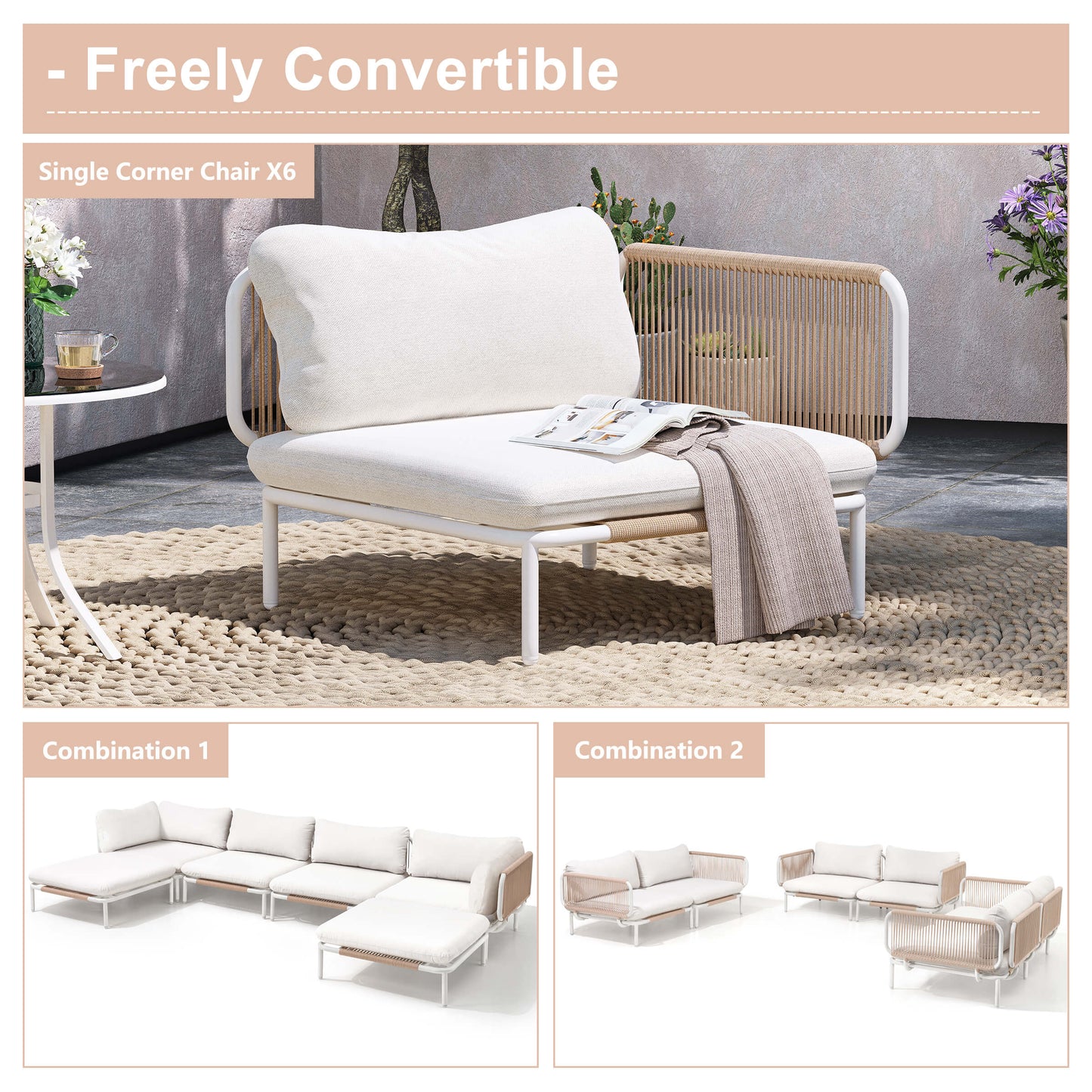 Modular Patio Sofa Chair with Rope Weave & Convertible Armrests