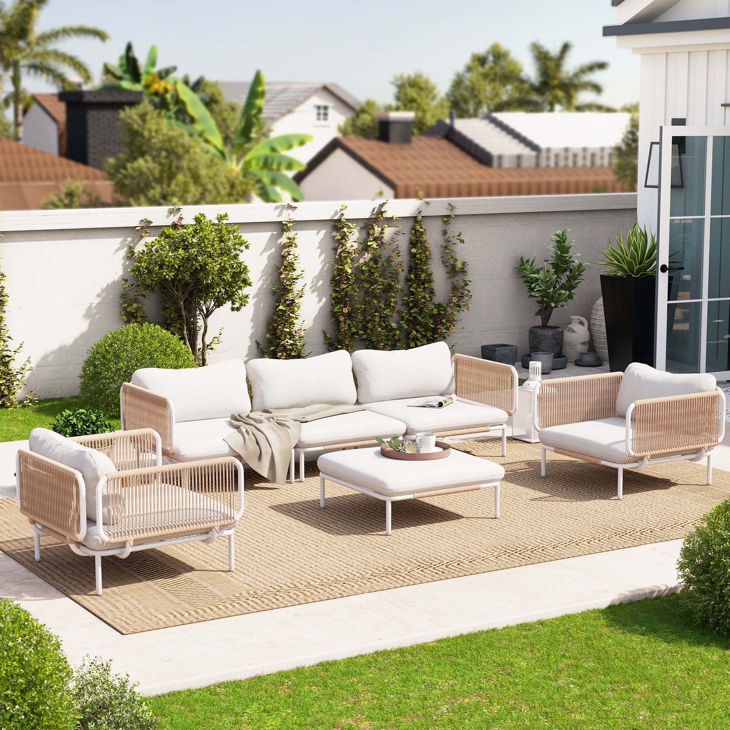 Modular Patio Sofa Chair with Rope Weave & Convertible Armrests