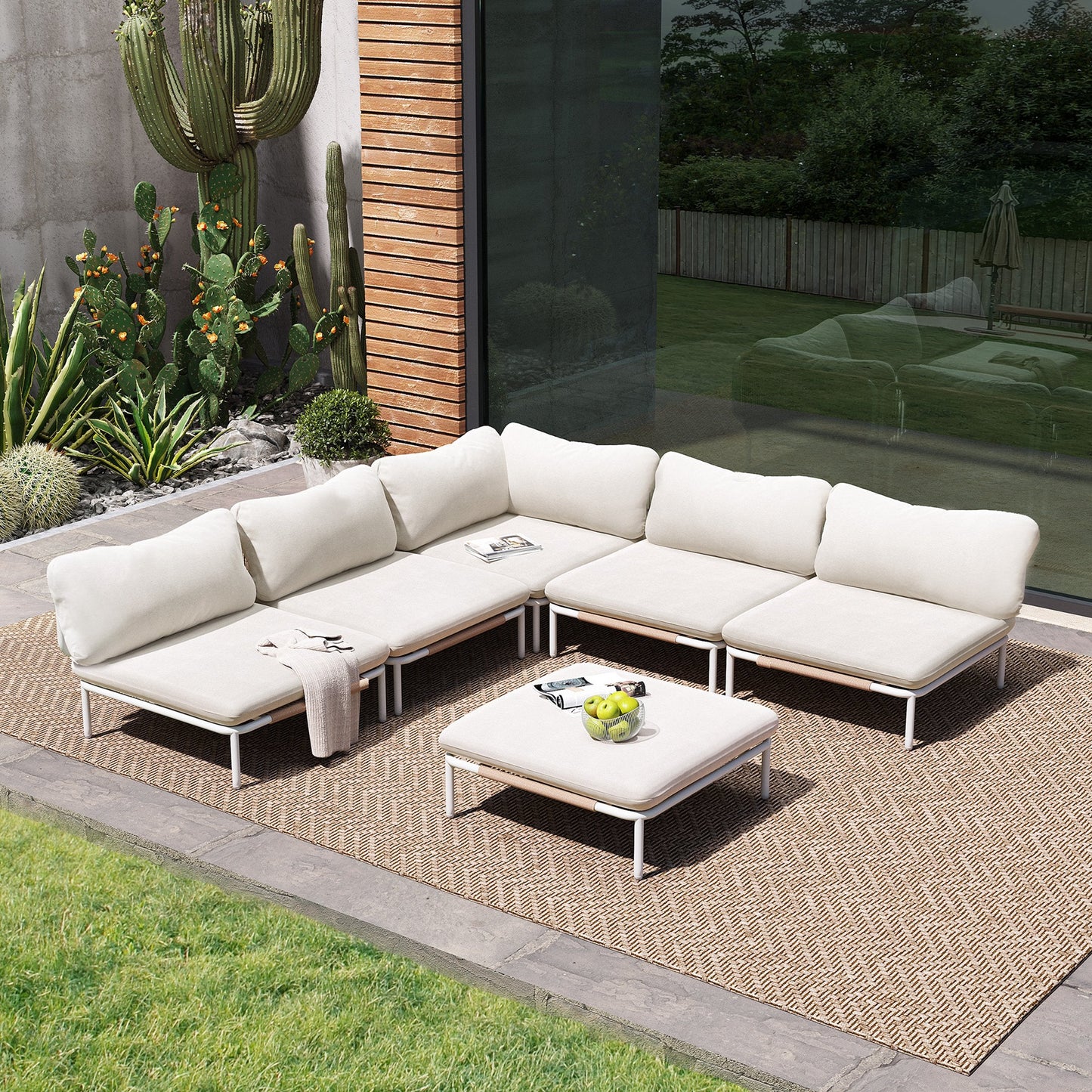 Modular Patio Sofa Chair with Rope Weave & Convertible Armrests