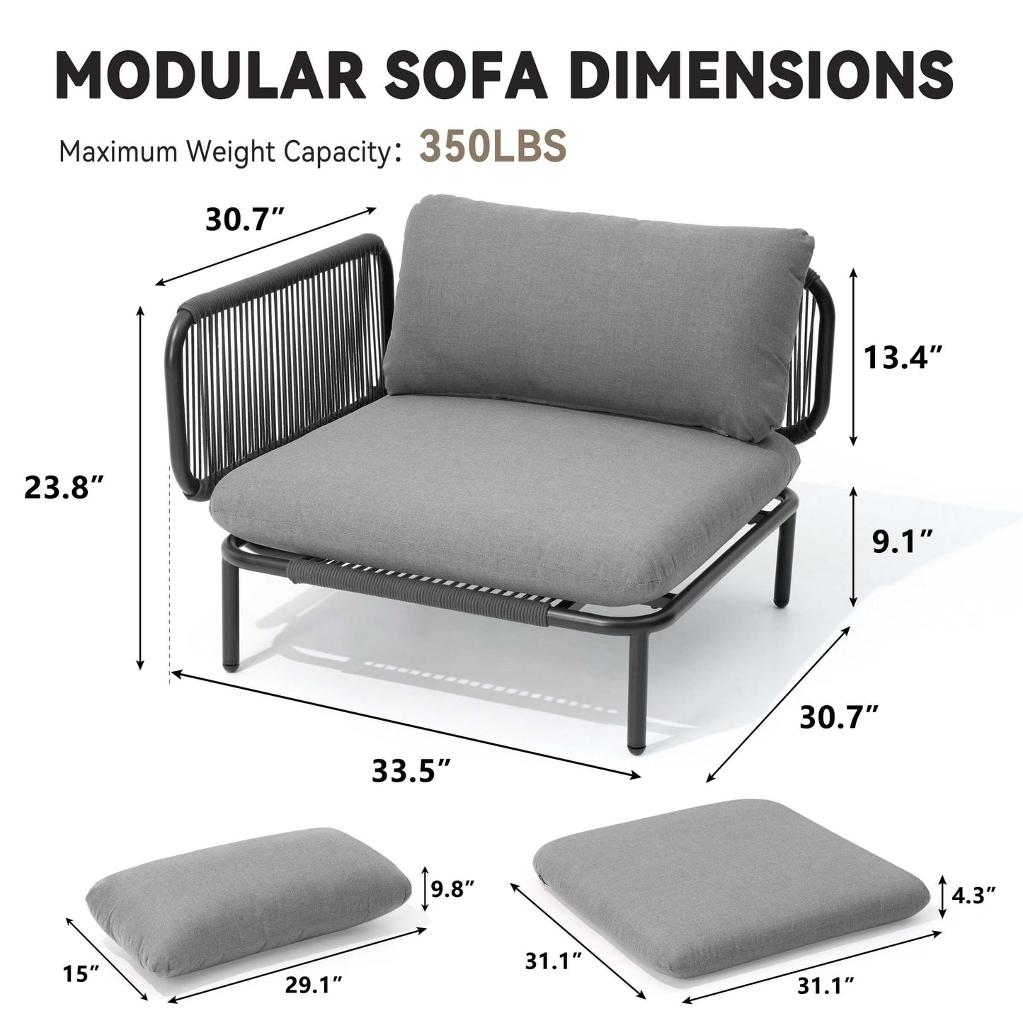 Modular Patio Sofa Chair with Rope Weave & Convertible Armrests