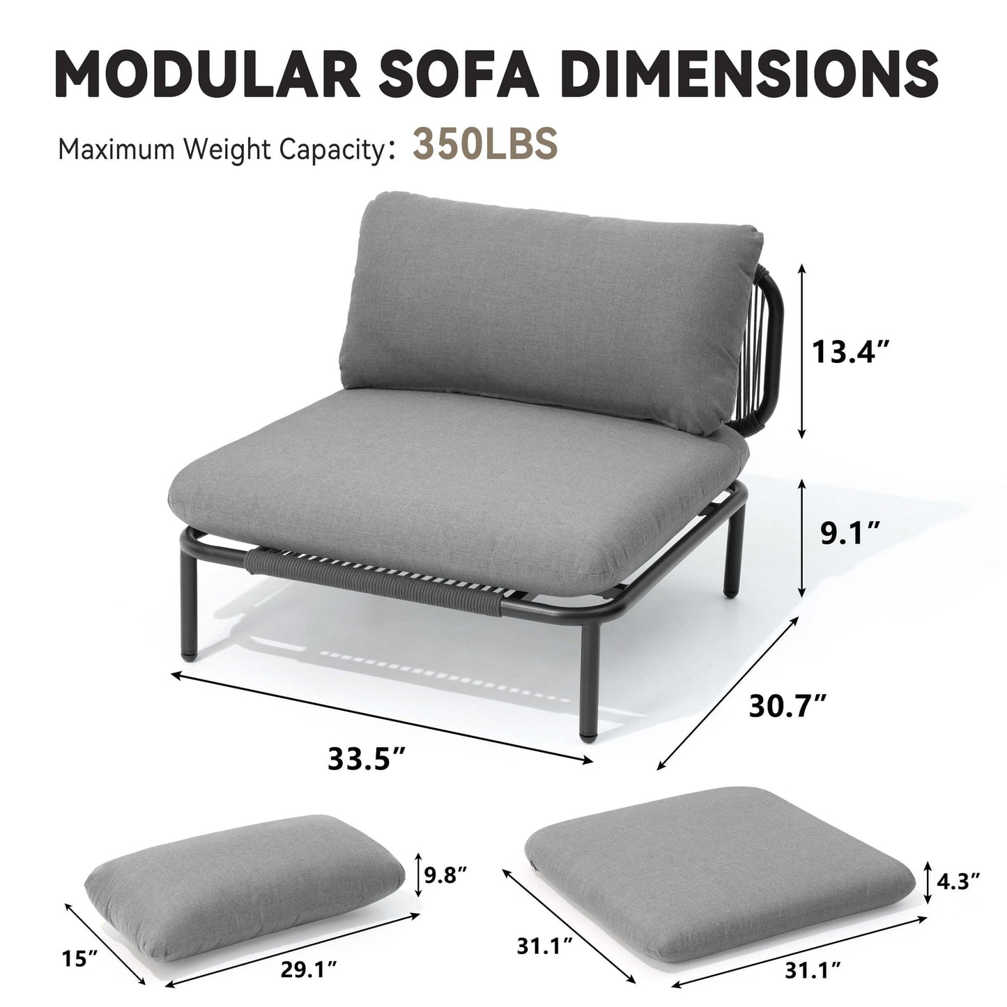 Modular Patio Sofa Chair with Rope Weave & Convertible Armrests