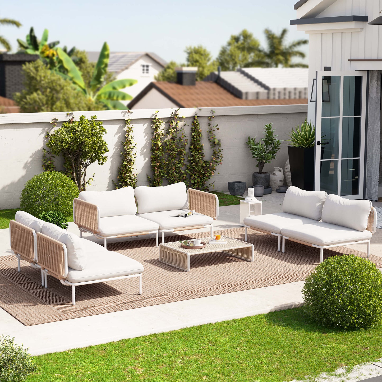 Modular Patio Sofa Chair with Rope Weave & Convertible Armrests