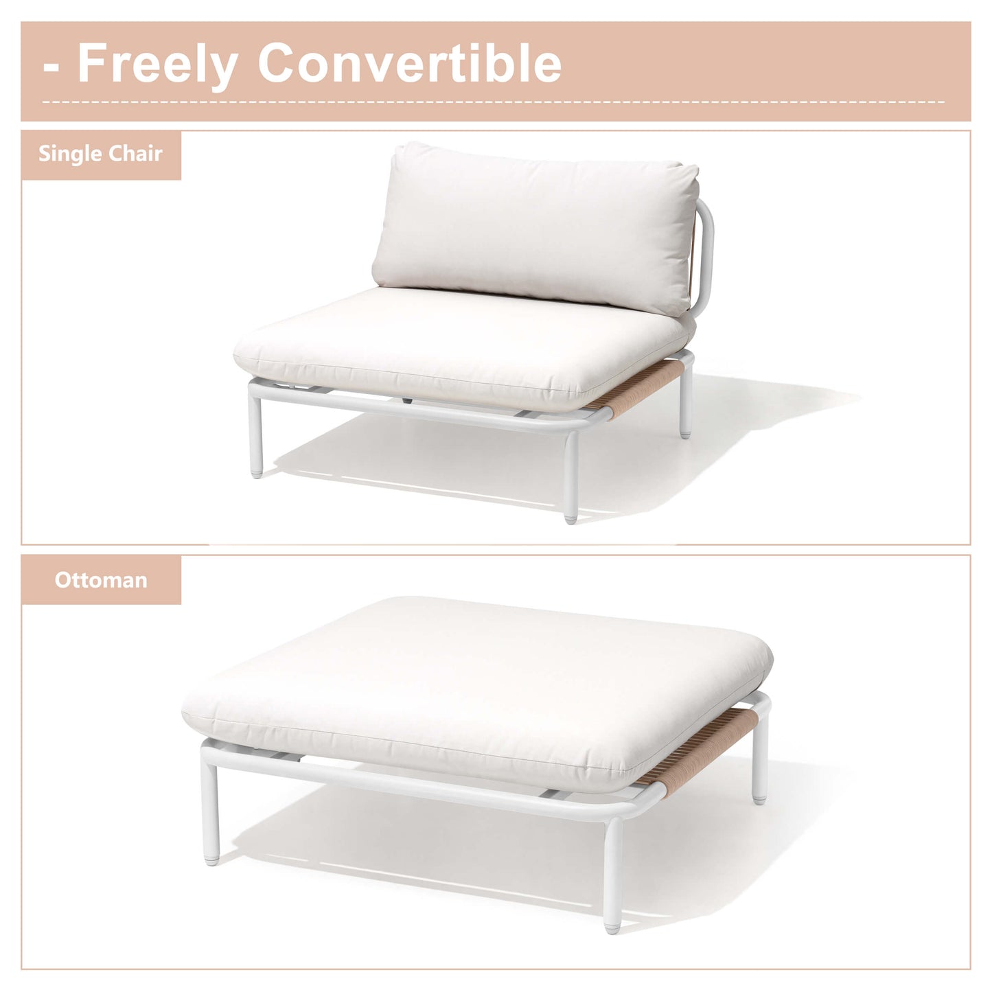 Modular Patio Sofa Chair with Rope Weave & Convertible Armrests