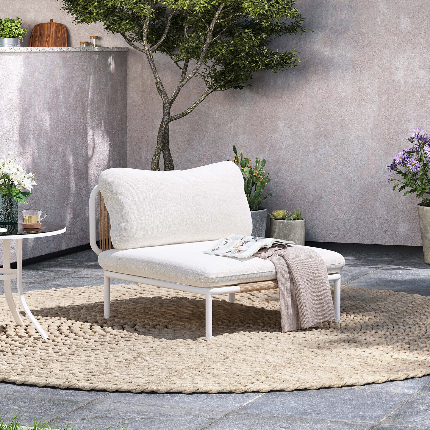 Modular Patio Sofa Chair with Rope Weave & Convertible Armrests