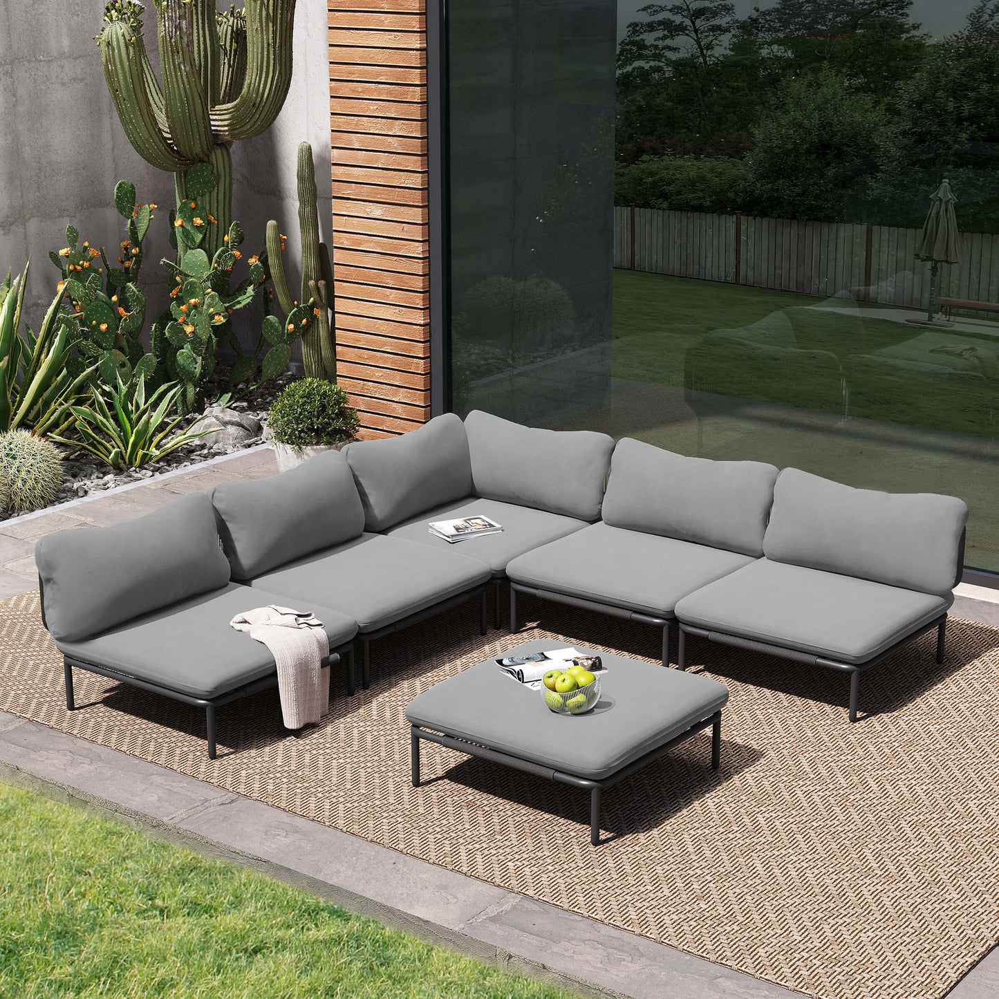 Modular Patio Sofa Chair with Rope Weave & Convertible Armrests
