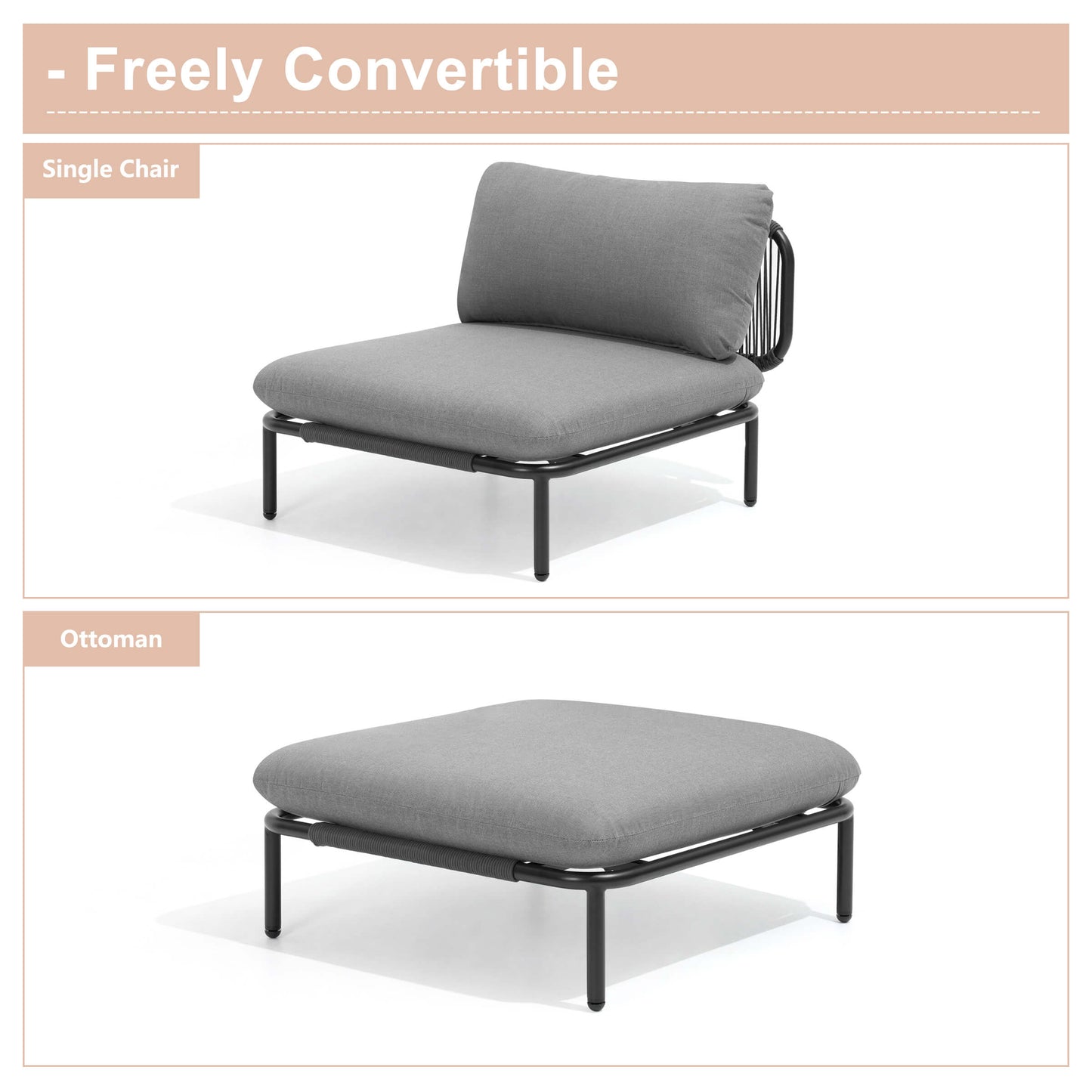 Modular Patio Sofa Chair with Rope Weave & Convertible Armrests