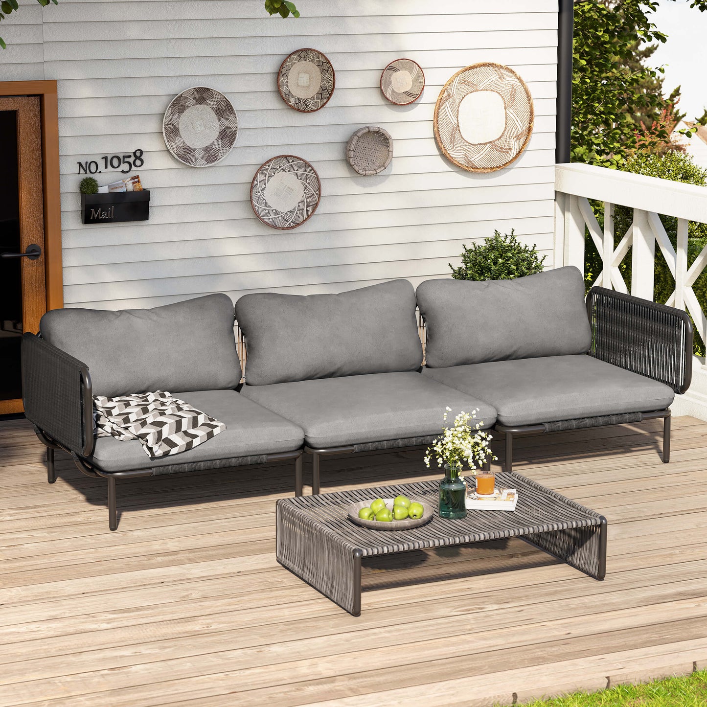 Modular Patio Sofa Chair with Rope Weave & Convertible Armrests