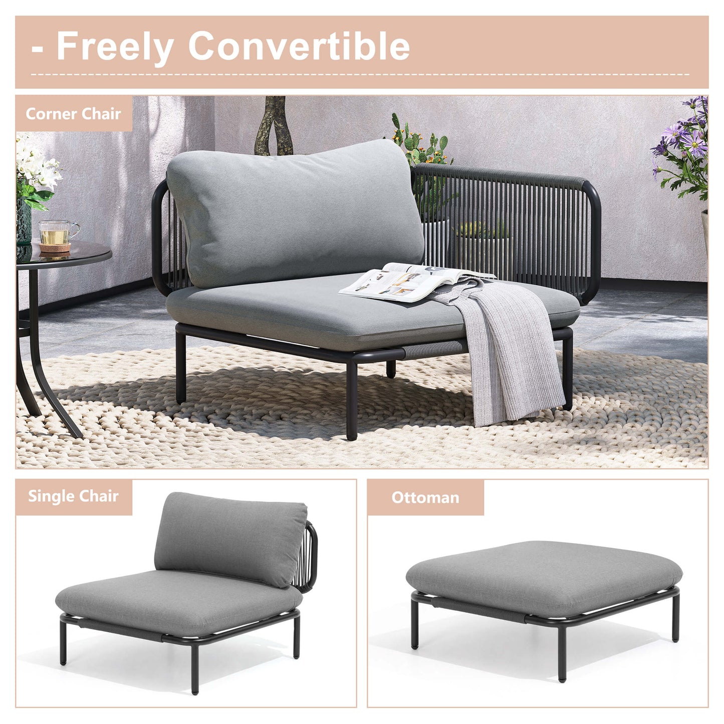 Modular Patio Sofa Chair with Rope Weave & Convertible Armrests