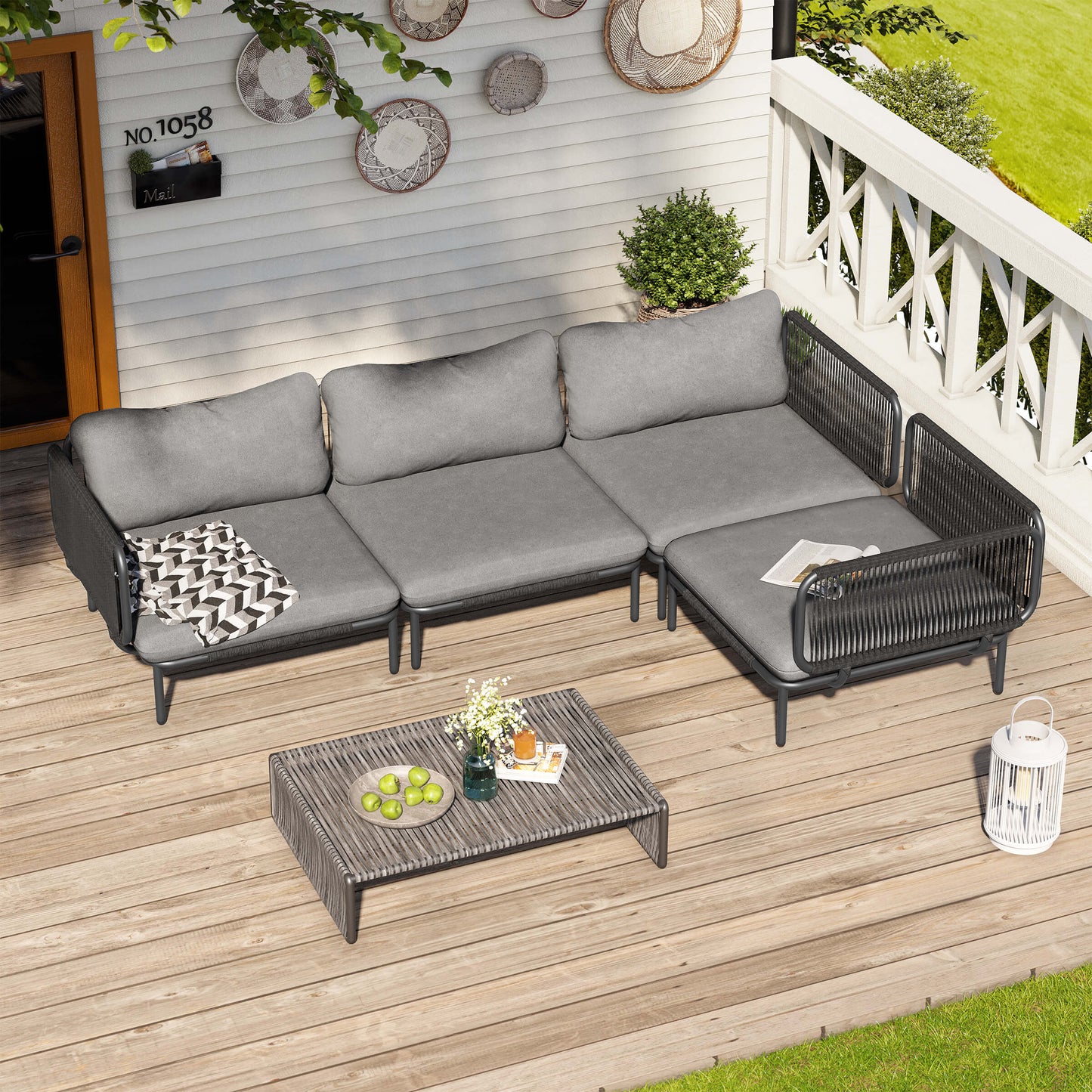 Modular Patio Sofa Chair with Rope Weave & Convertible Armrests