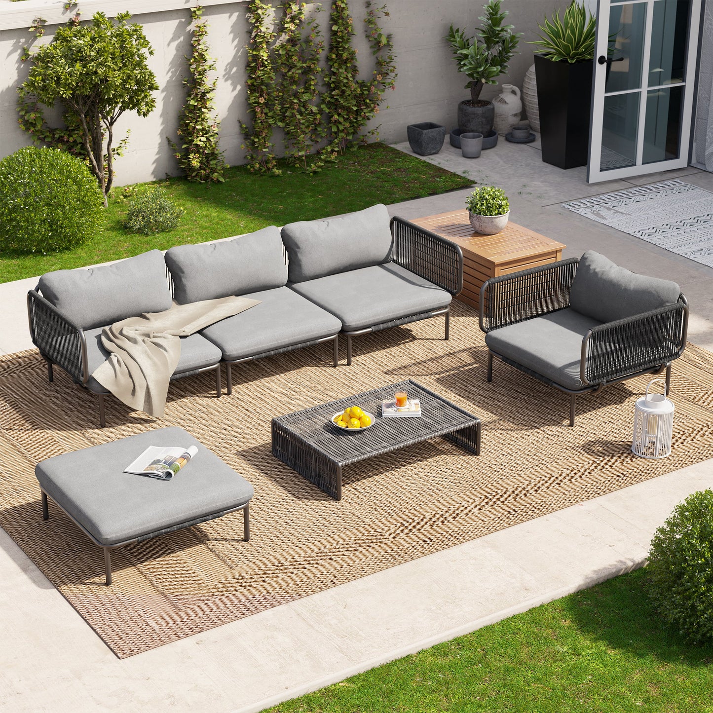 Modular Patio Sofa Chair with Rope Weave & Convertible Armrests