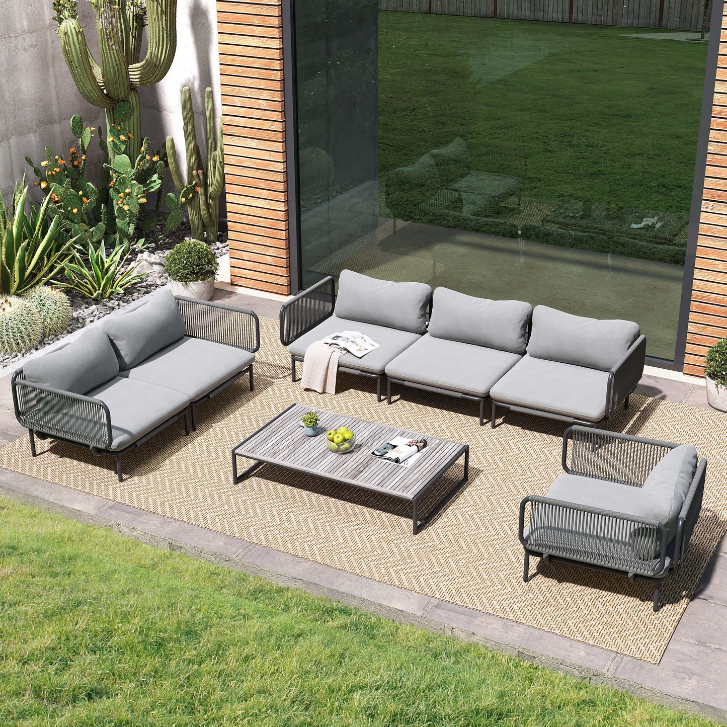 Modular Patio Sofa Chair with Rope Weave & Convertible Armrests