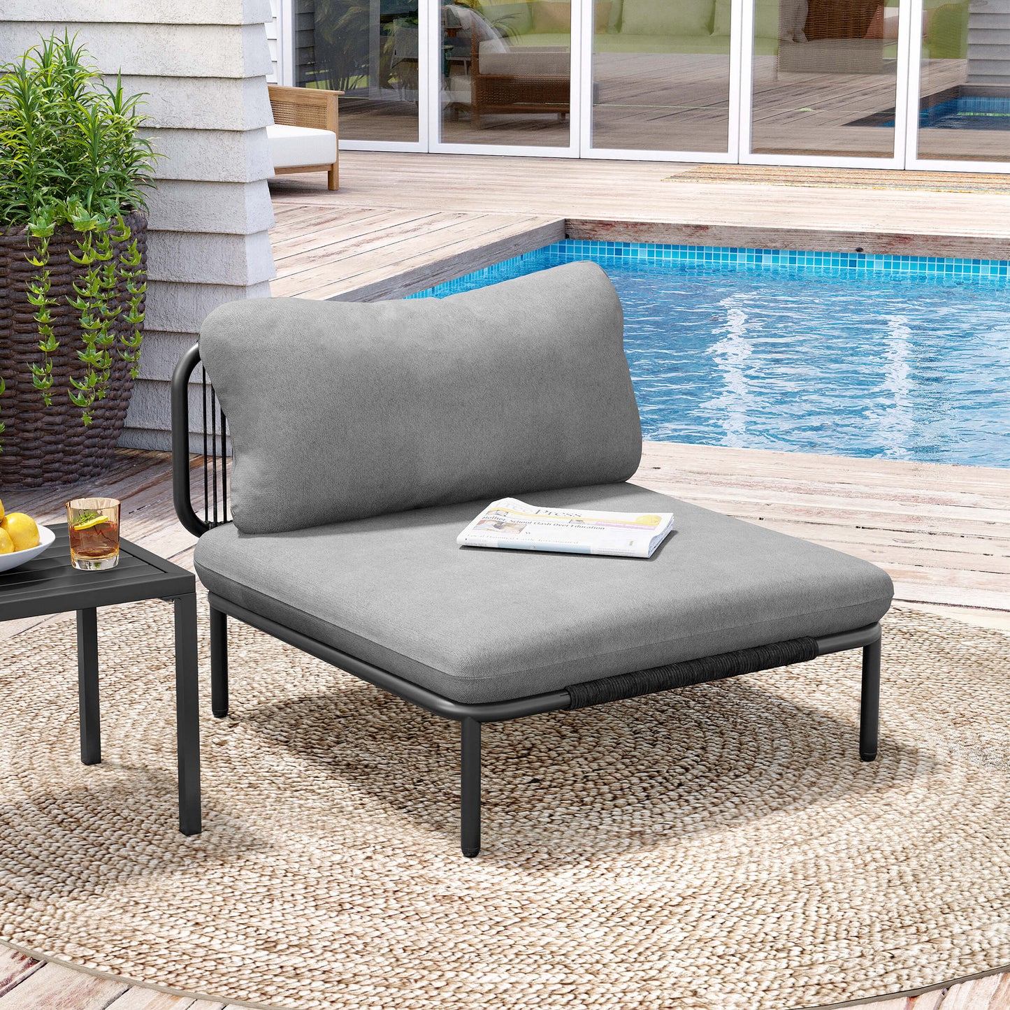 Modular Patio Sofa Chair with Rope Weave & Convertible Armrests