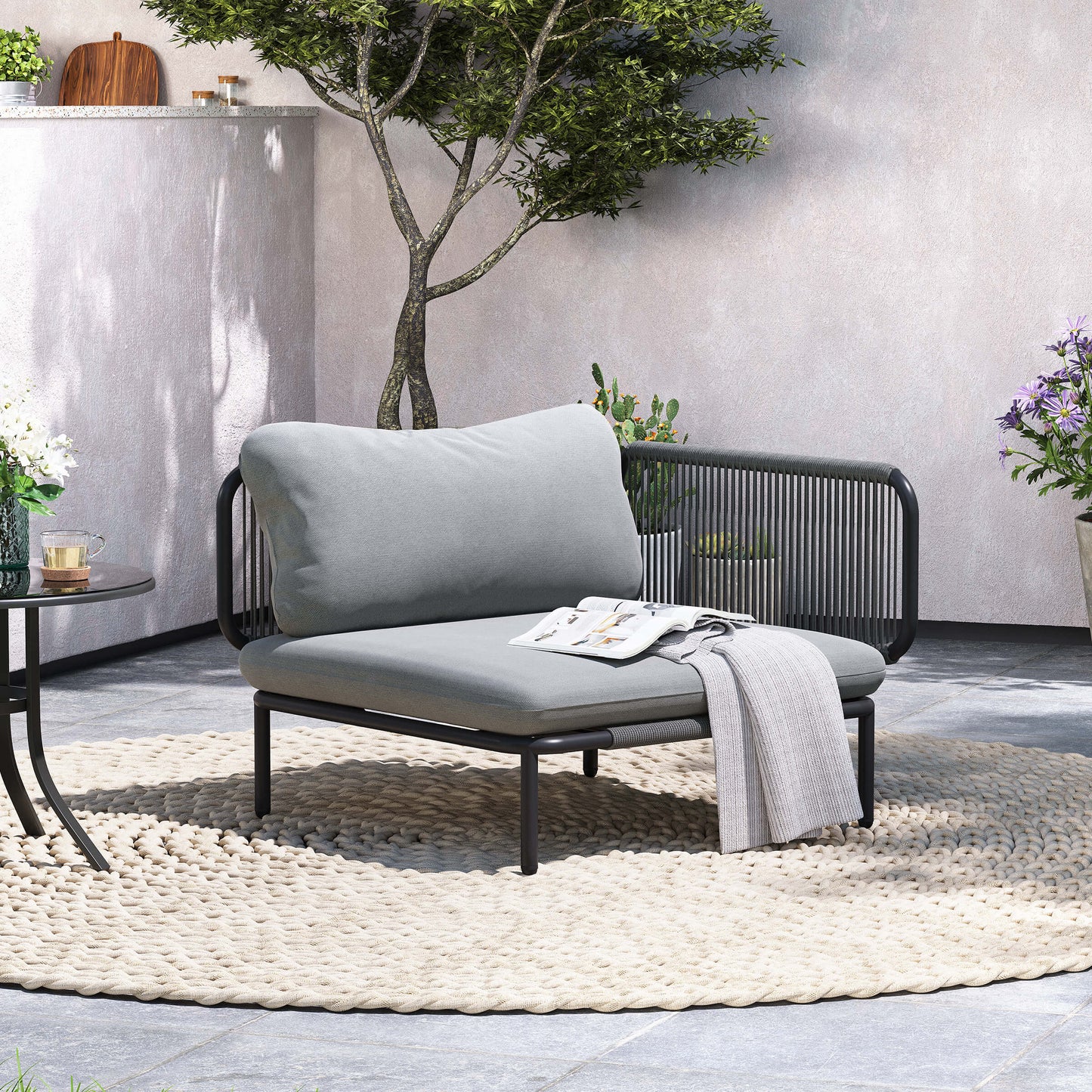 Modular Patio Sofa Chair with Rope Weave & Convertible Armrests