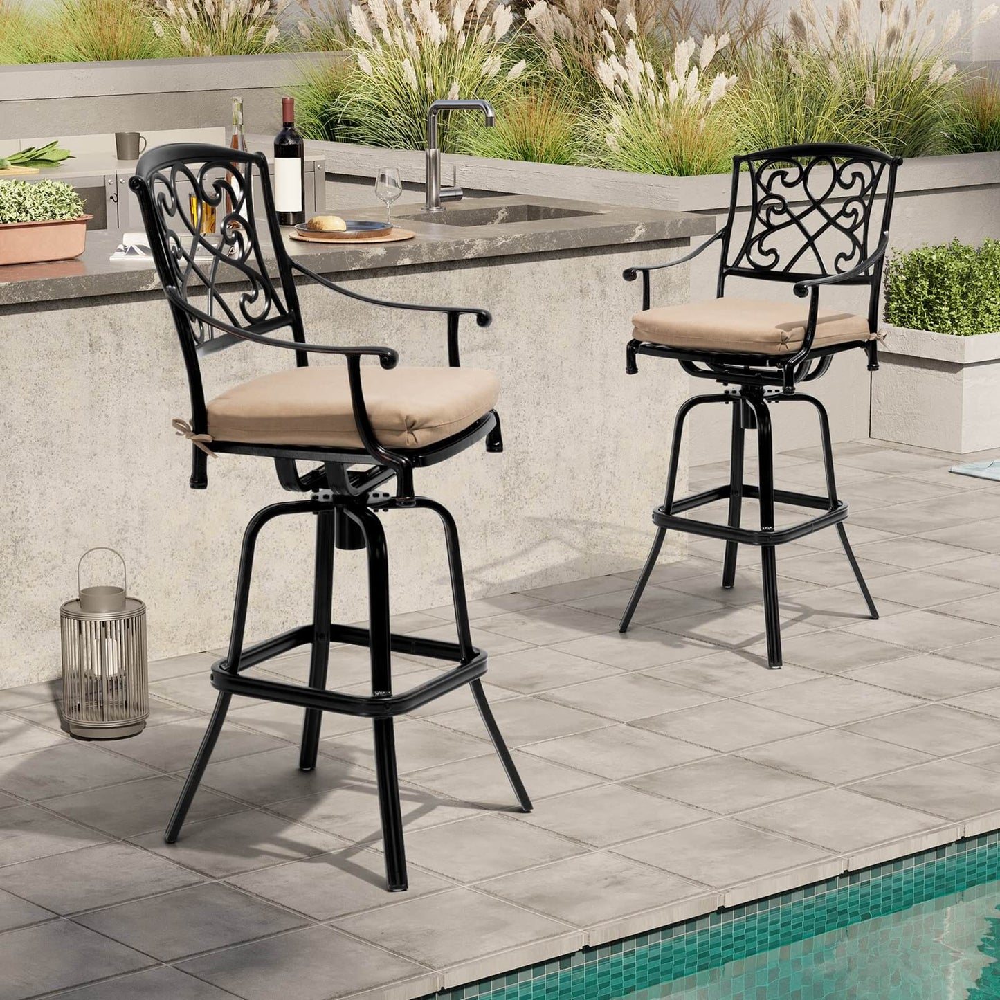 Aluminum Swivel Outdoor Bar Stool Set of 2 with Sunbrella Cushions