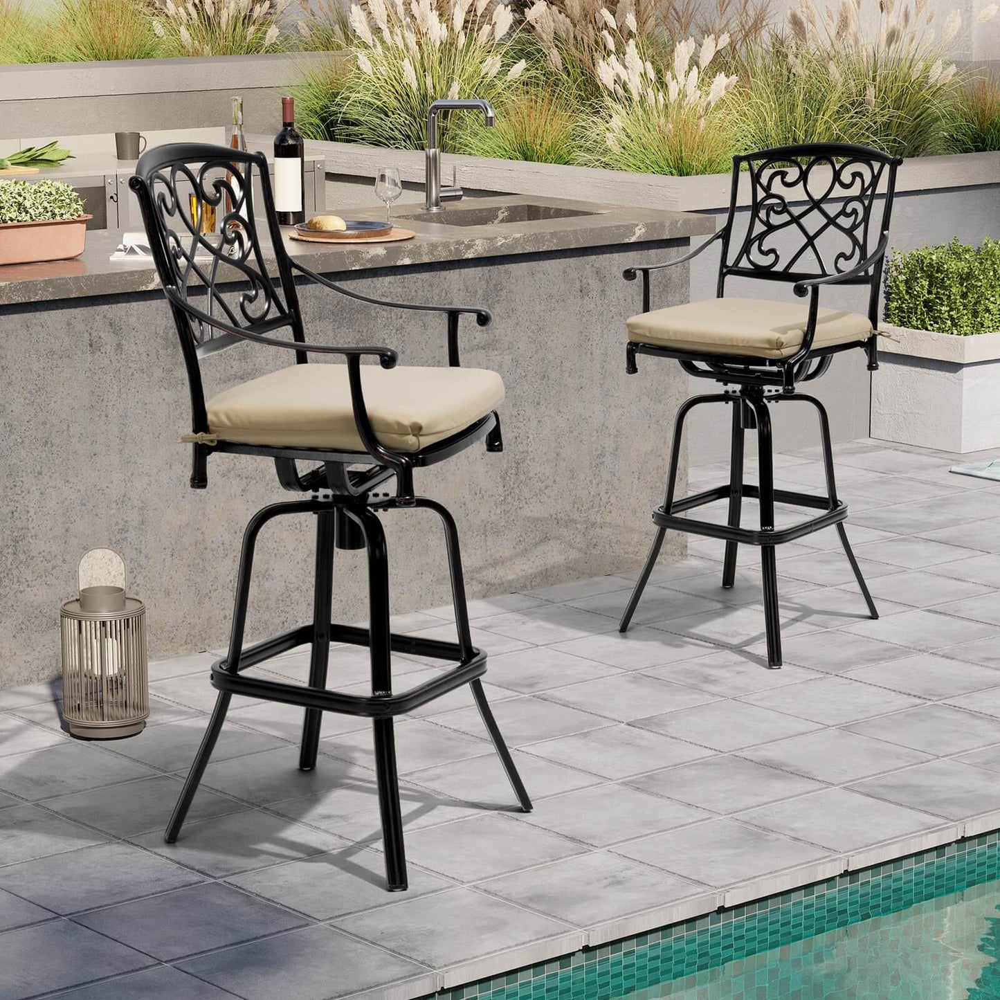 Aluminum Swivel Outdoor Bar Stool Set of 2 with Sunbrella Cushions