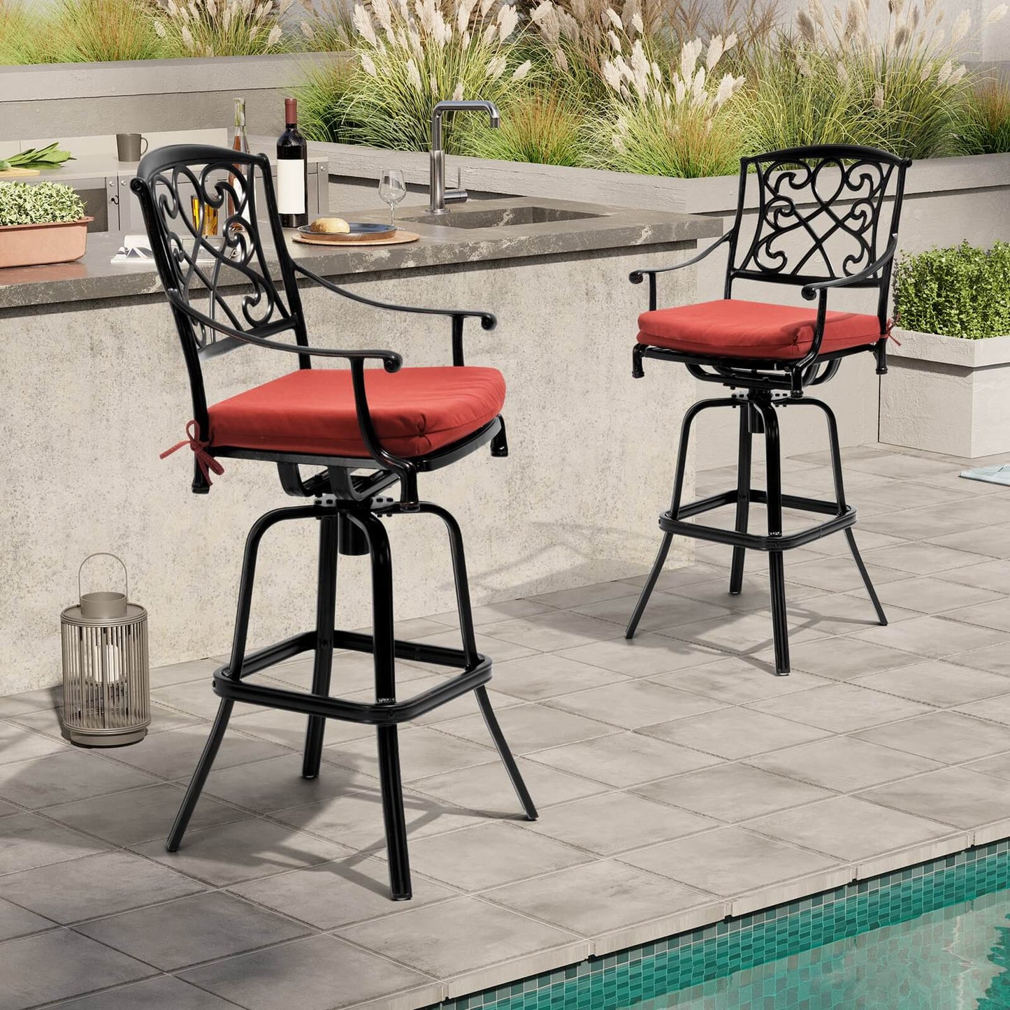 Aluminum Swivel Outdoor Bar Stool Set of 2 with Sunbrella Cushions