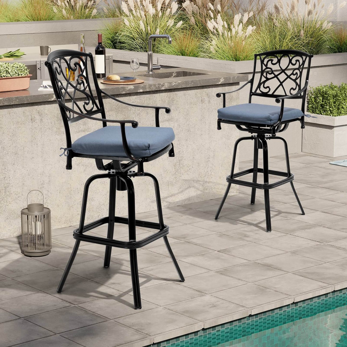 Aluminum Swivel Outdoor Bar Stool Set of 2 with Sunbrella Cushions