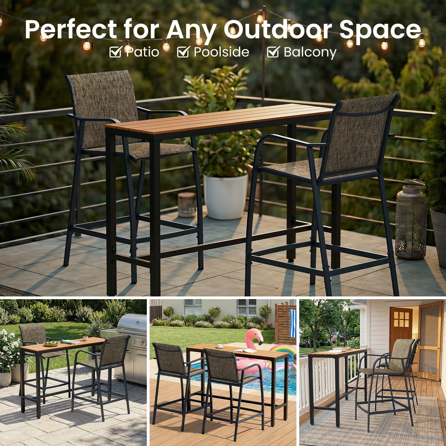 3-Piece Outdoor Bar Set with Wood-Plastic Table and Textilene Bar Chairs