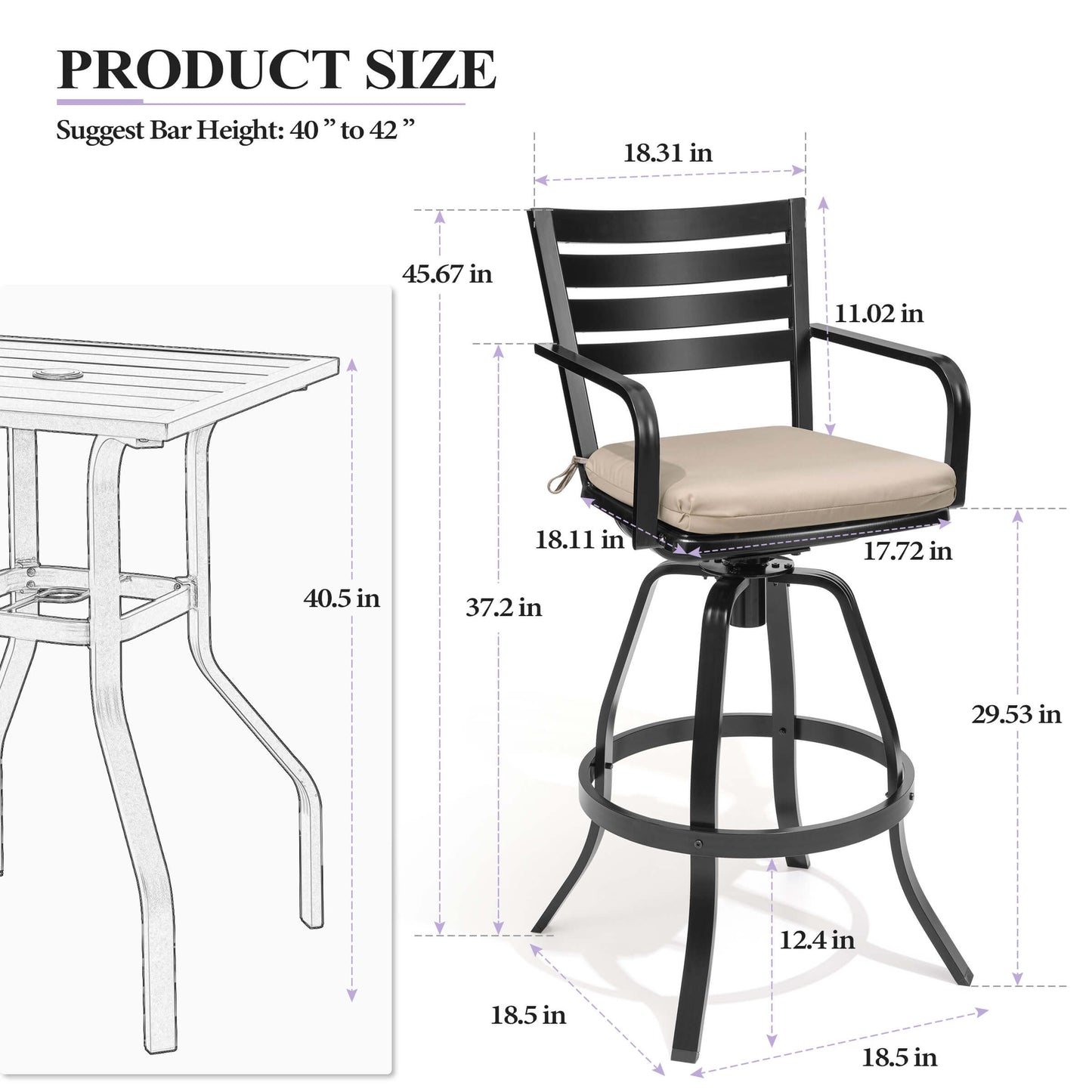 Cast Aluminum Swivel Outdoor Bar Stool Set of 2 with Sunbrella