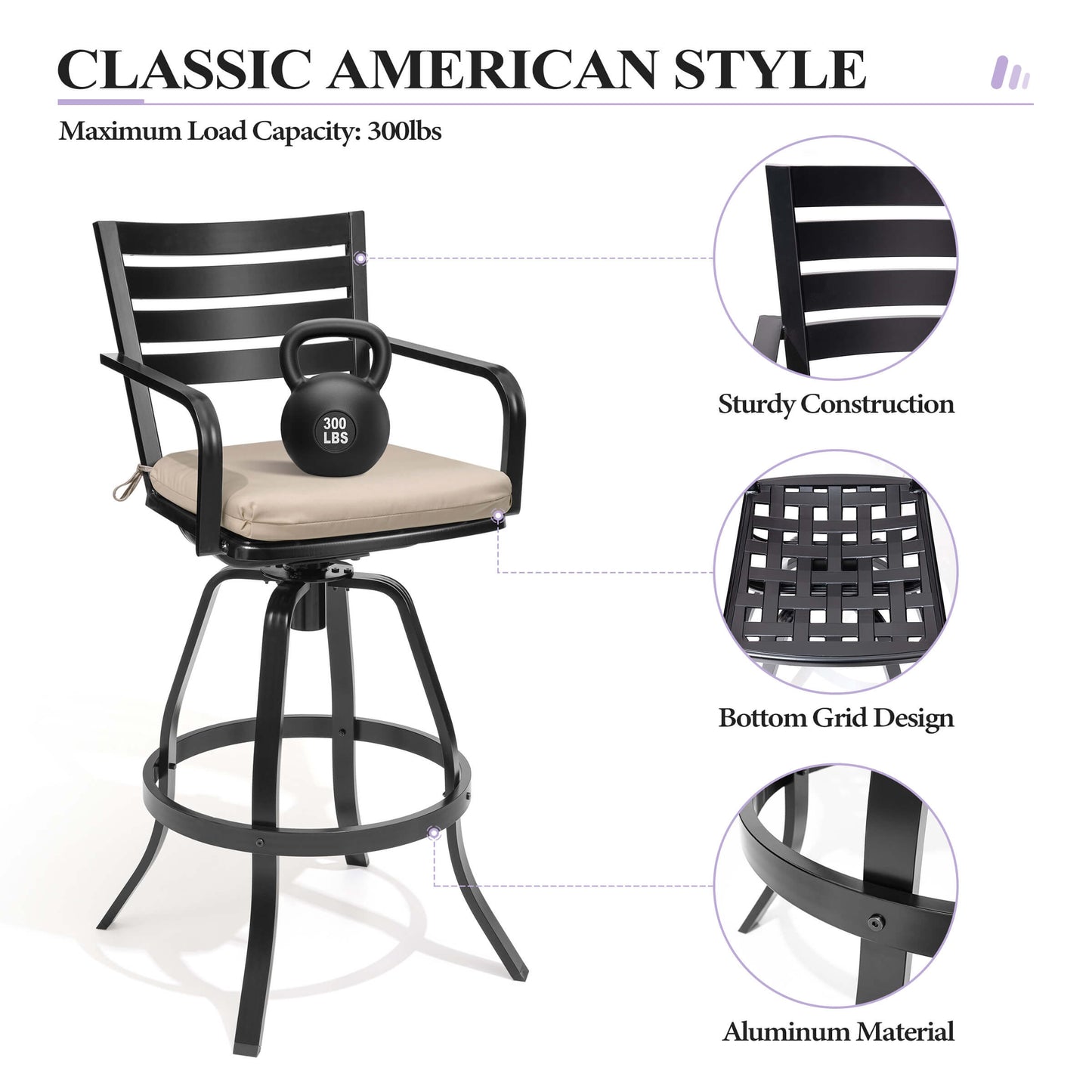 Cast Aluminum Swivel Outdoor Bar Stool Set of 2 with Sunbrella