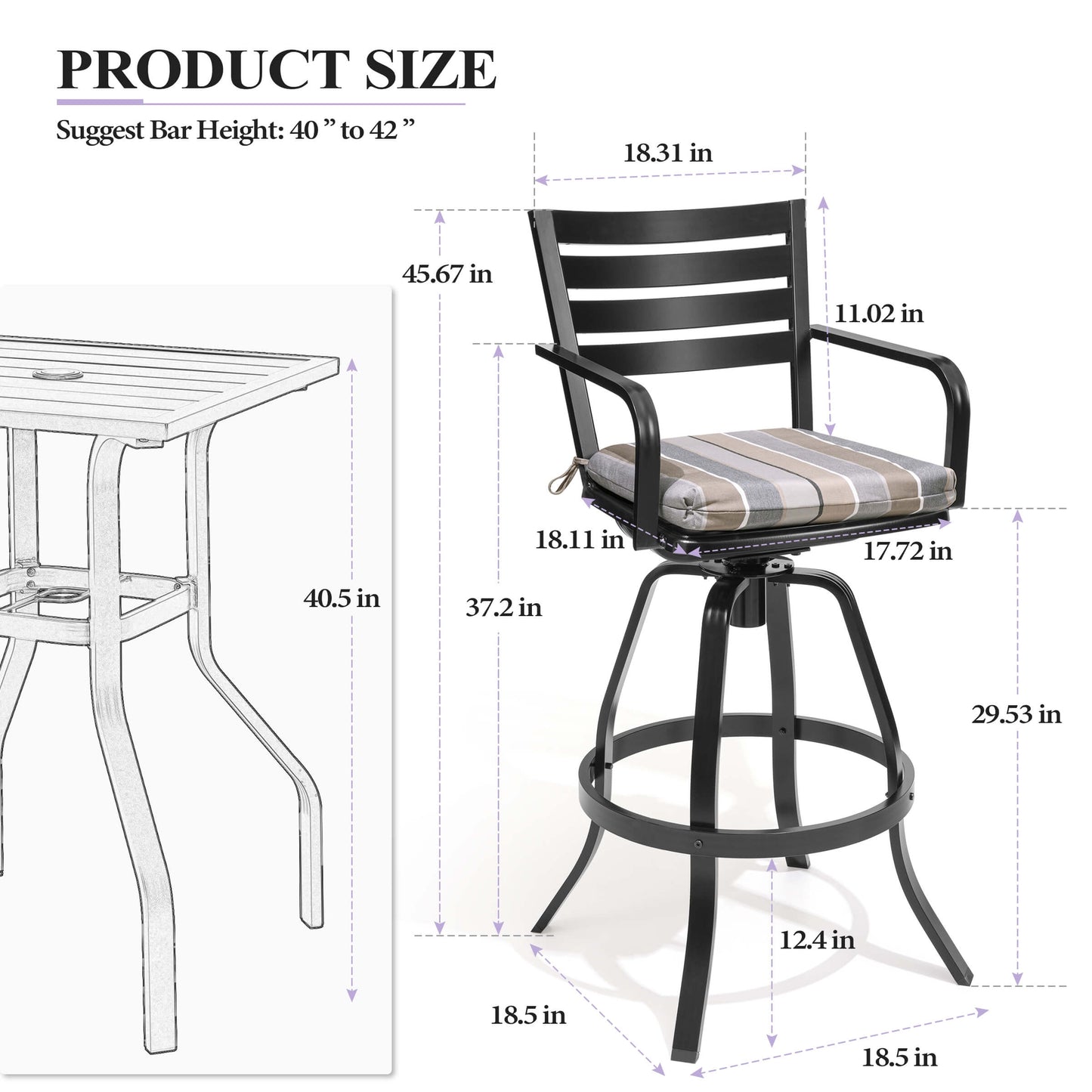 Cast Aluminum Swivel Outdoor Bar Stool Set of 2 with Sunbrella
