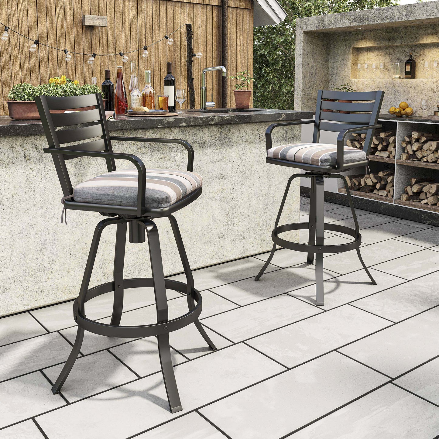 Cast Aluminum Swivel Outdoor Bar Stool Set of 2 with Sunbrella