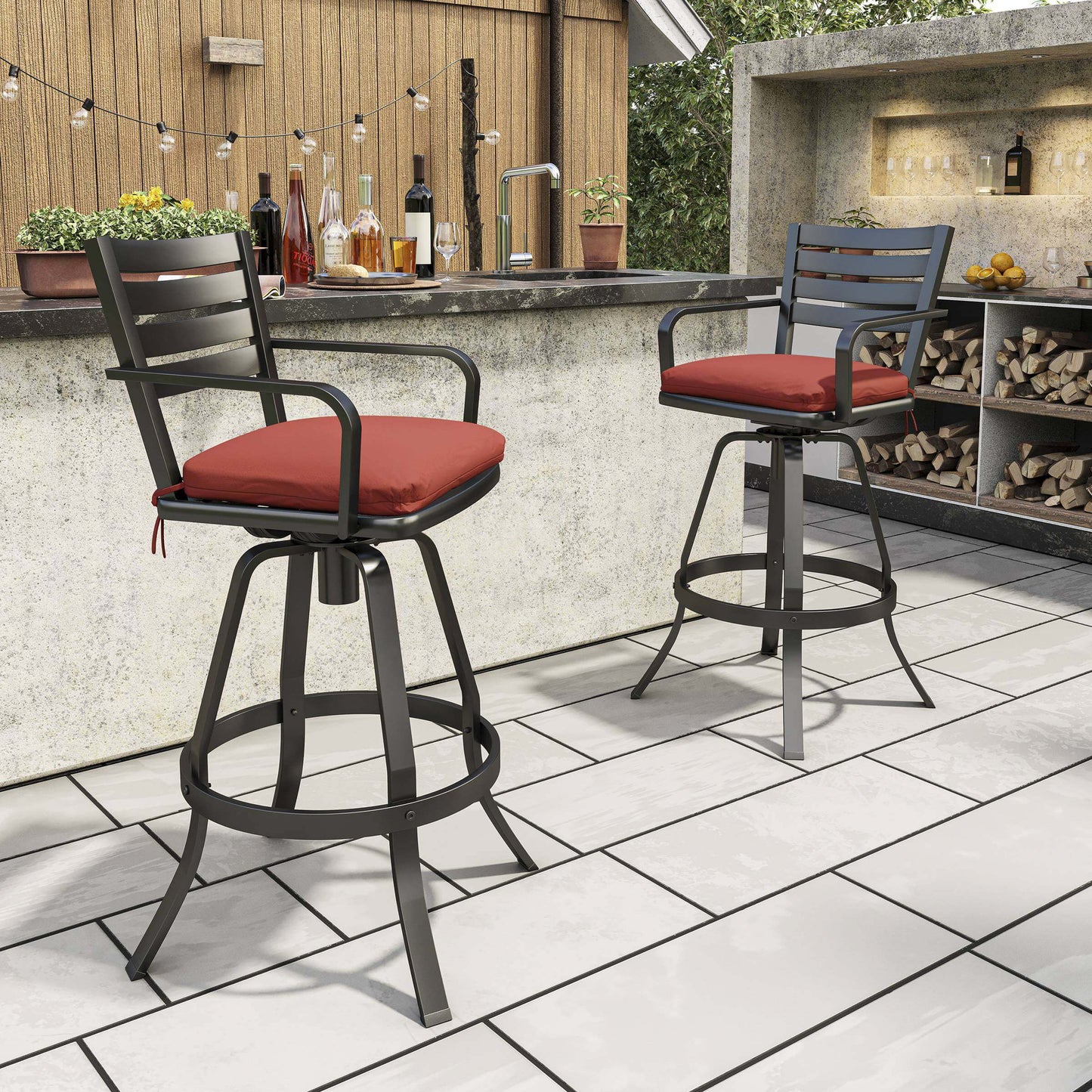 Cast Aluminum Swivel Outdoor Bar Stool Set of 2 with Sunbrella